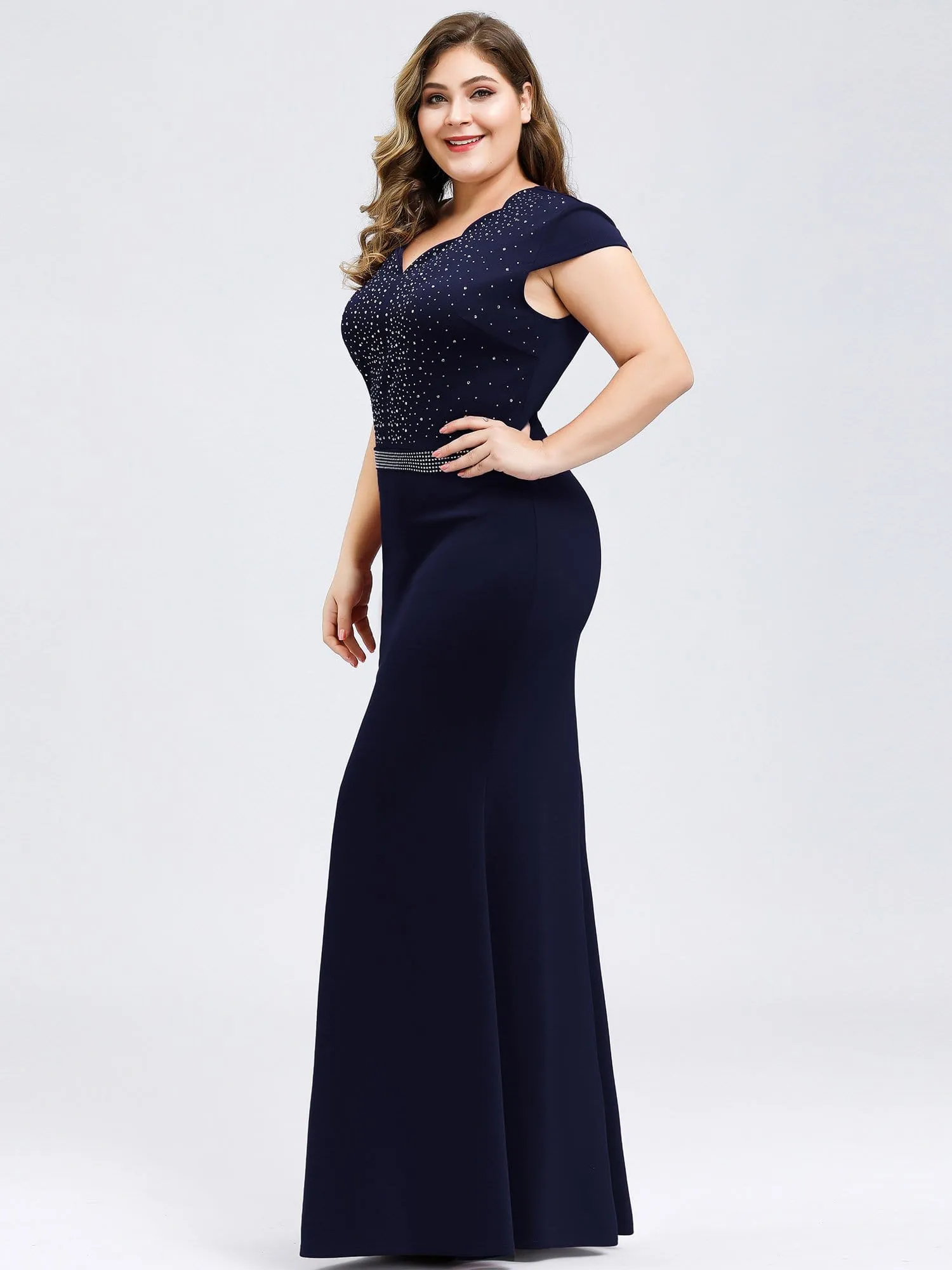 Sparkly Rhinestone Print Maxi Long Evening Gowns With Cap Sleeve