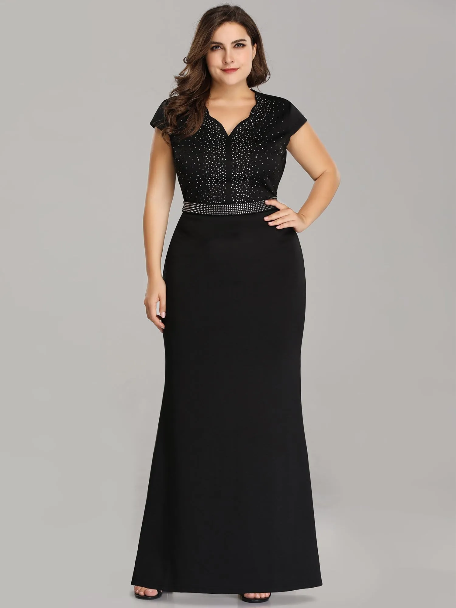 Sparkly Rhinestone Print Maxi Long Evening Gowns With Cap Sleeve