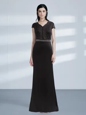 Sparkly Rhinestone Print Maxi Long Evening Gowns With Cap Sleeve