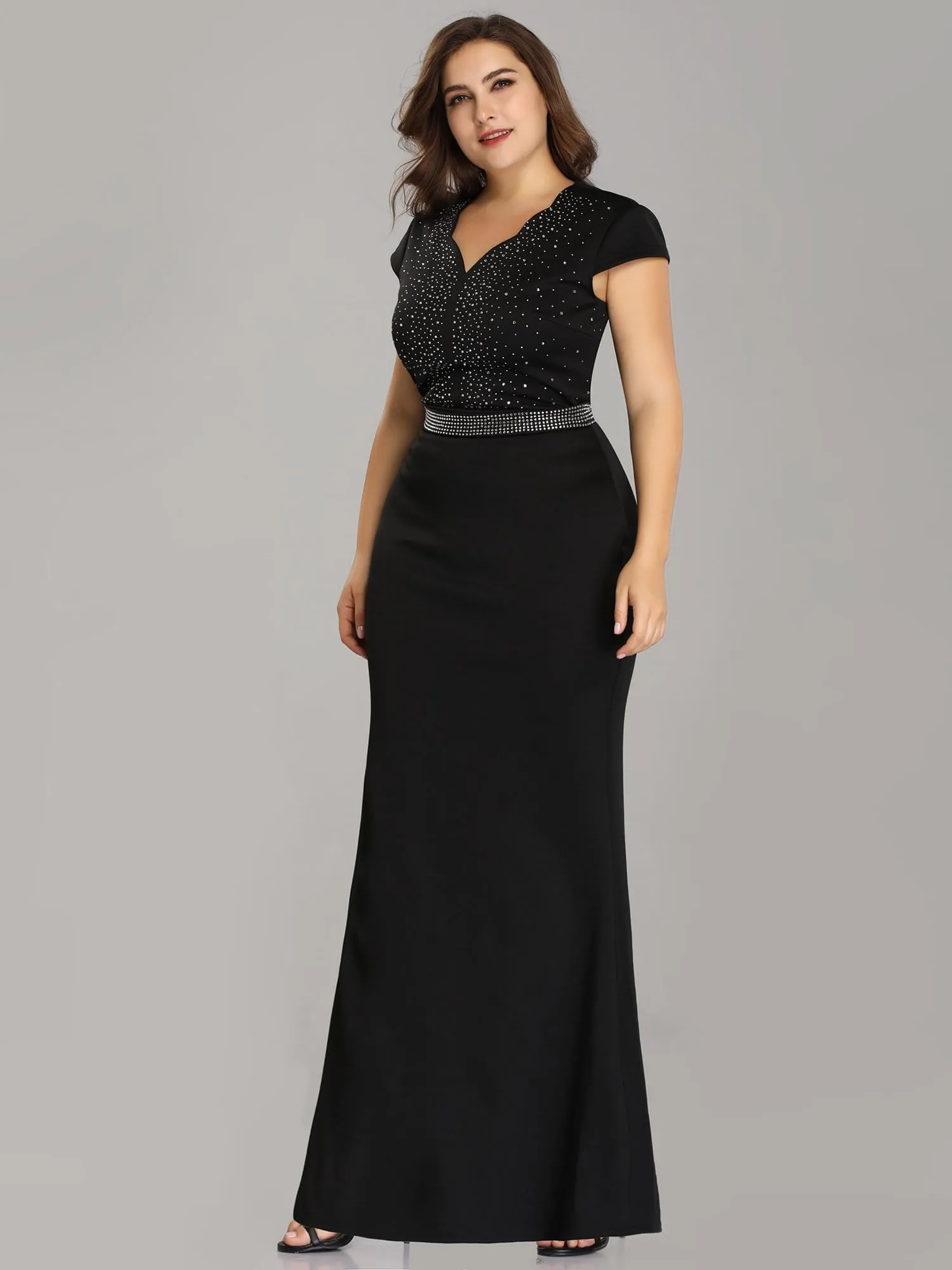 Sparkly Rhinestone Print Maxi Long Evening Gowns With Cap Sleeve
