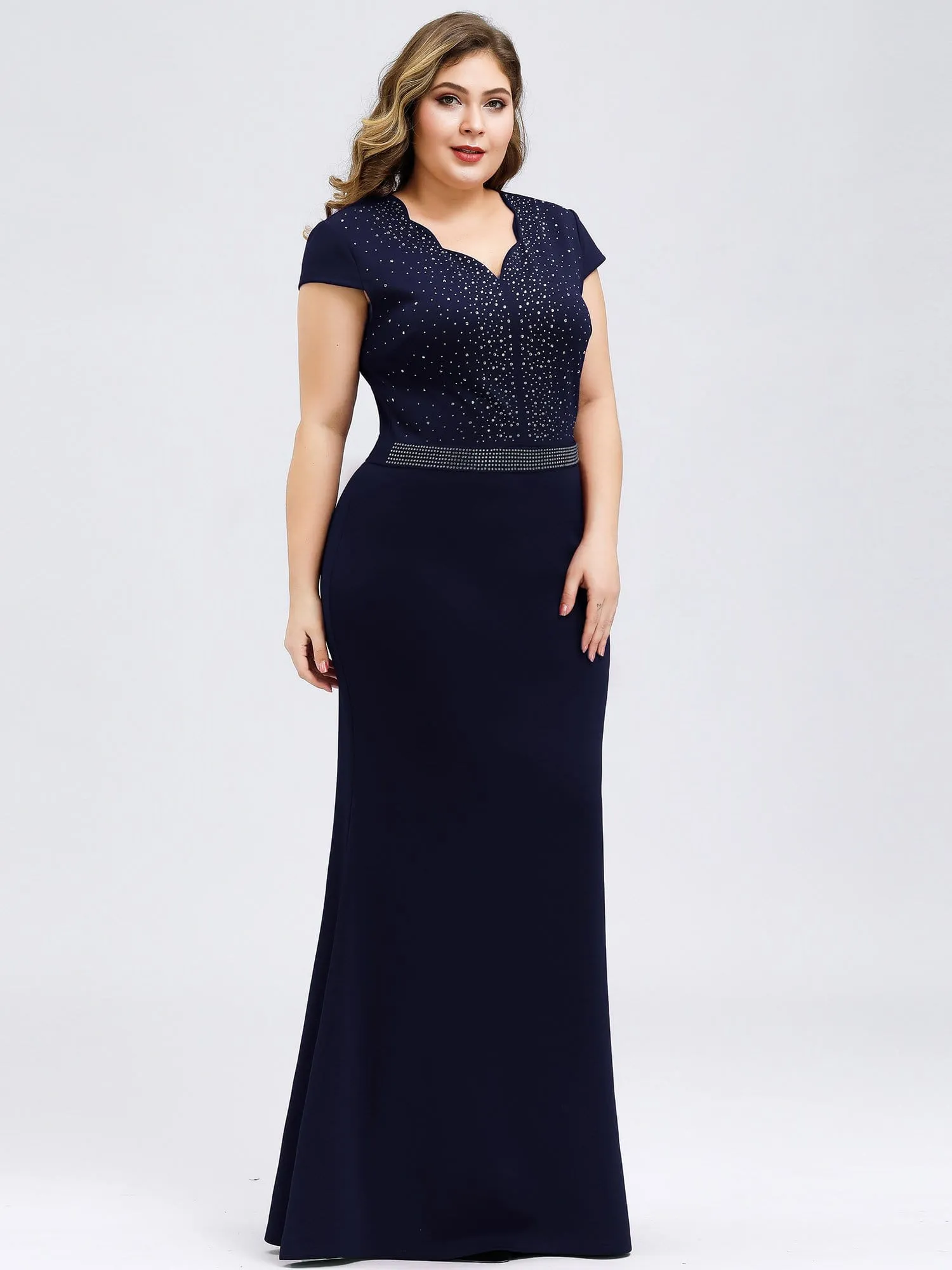 Sparkly Rhinestone Print Maxi Long Evening Gowns With Cap Sleeve