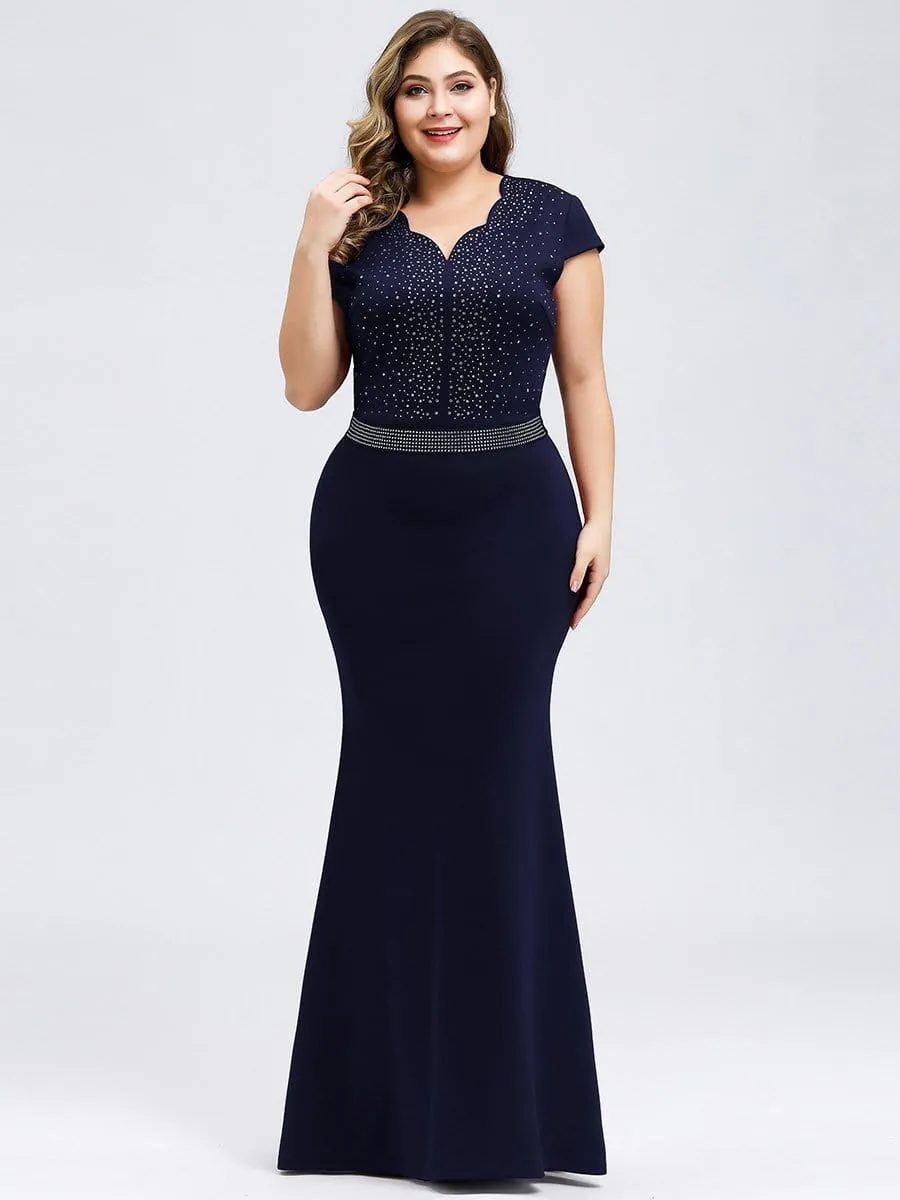 Sparkly Rhinestone Print Maxi Long Evening Gowns With Cap Sleeve