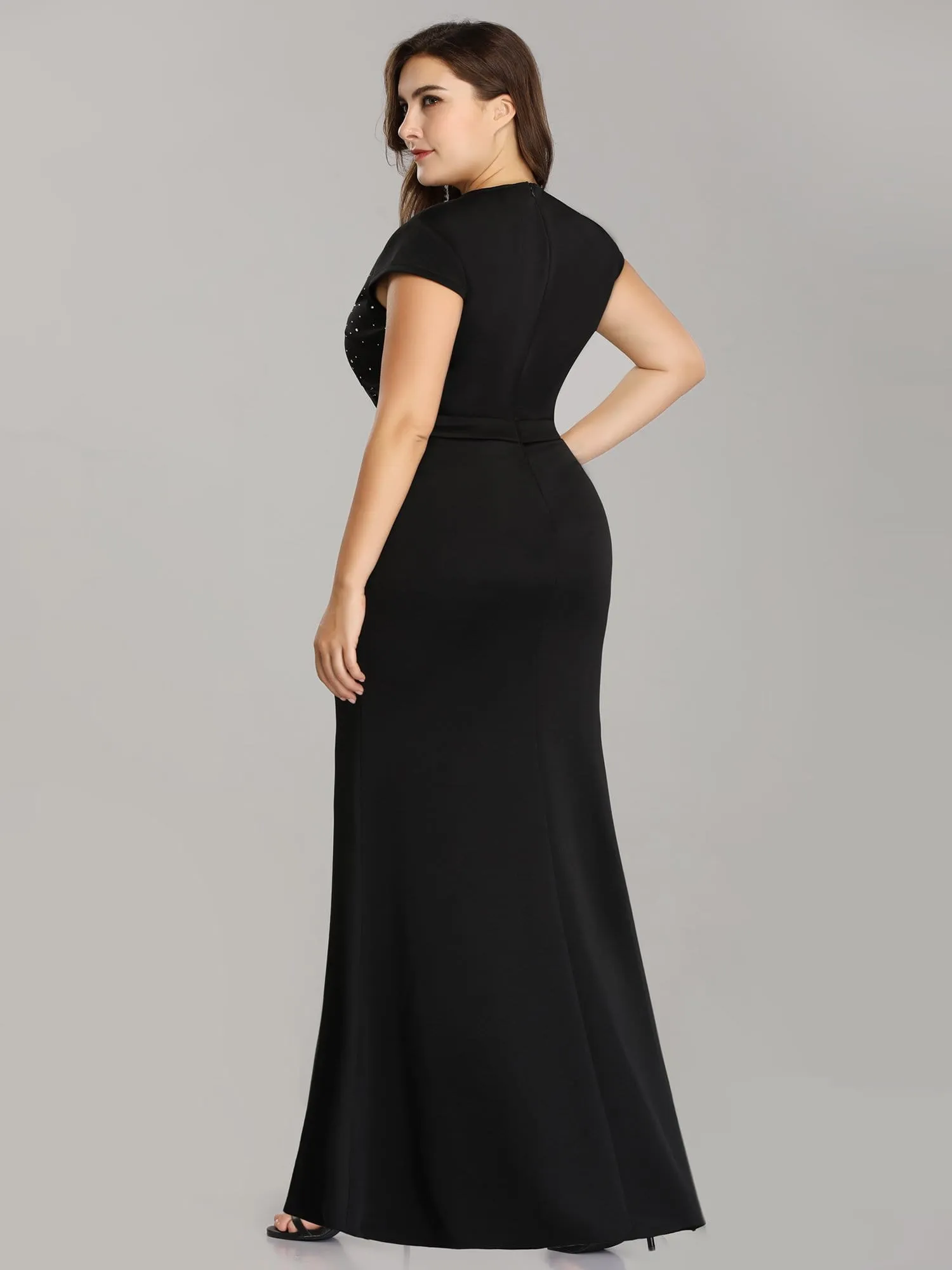 Sparkly Rhinestone Print Maxi Long Evening Gowns With Cap Sleeve
