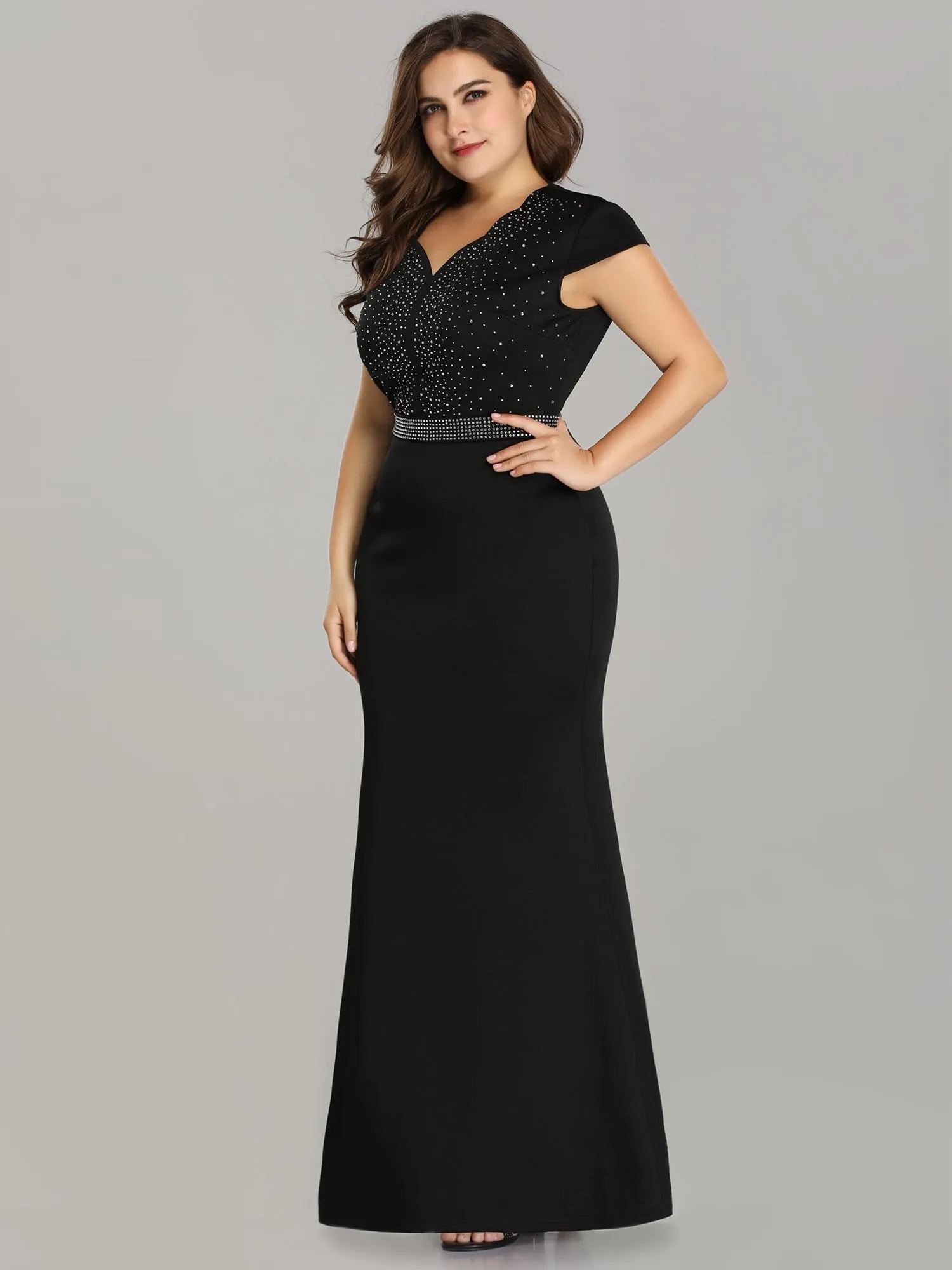 Sparkly Rhinestone Print Maxi Long Evening Gowns With Cap Sleeve
