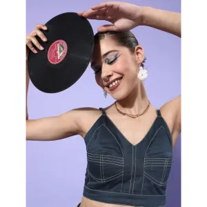 Style Quotient Women Navy Blue White Pure Cotton Bralette Crop Top