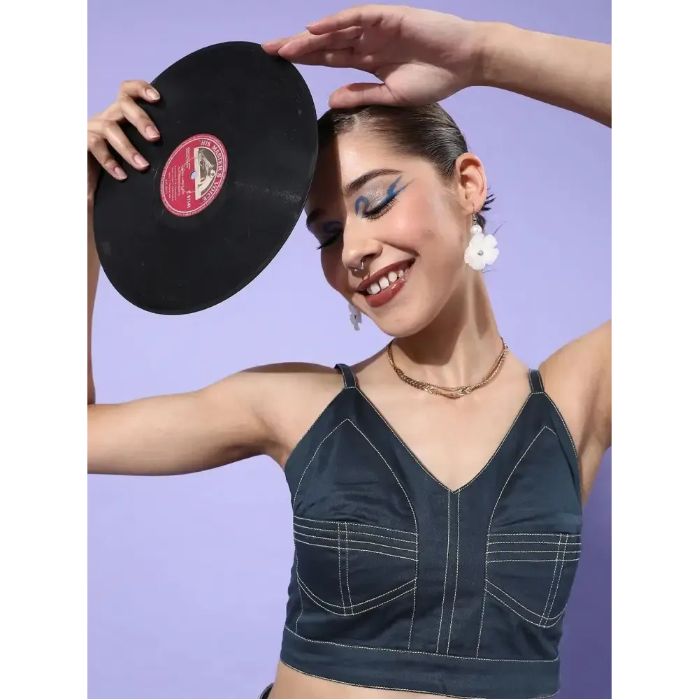 Style Quotient Women Navy Blue White Pure Cotton Bralette Crop Top