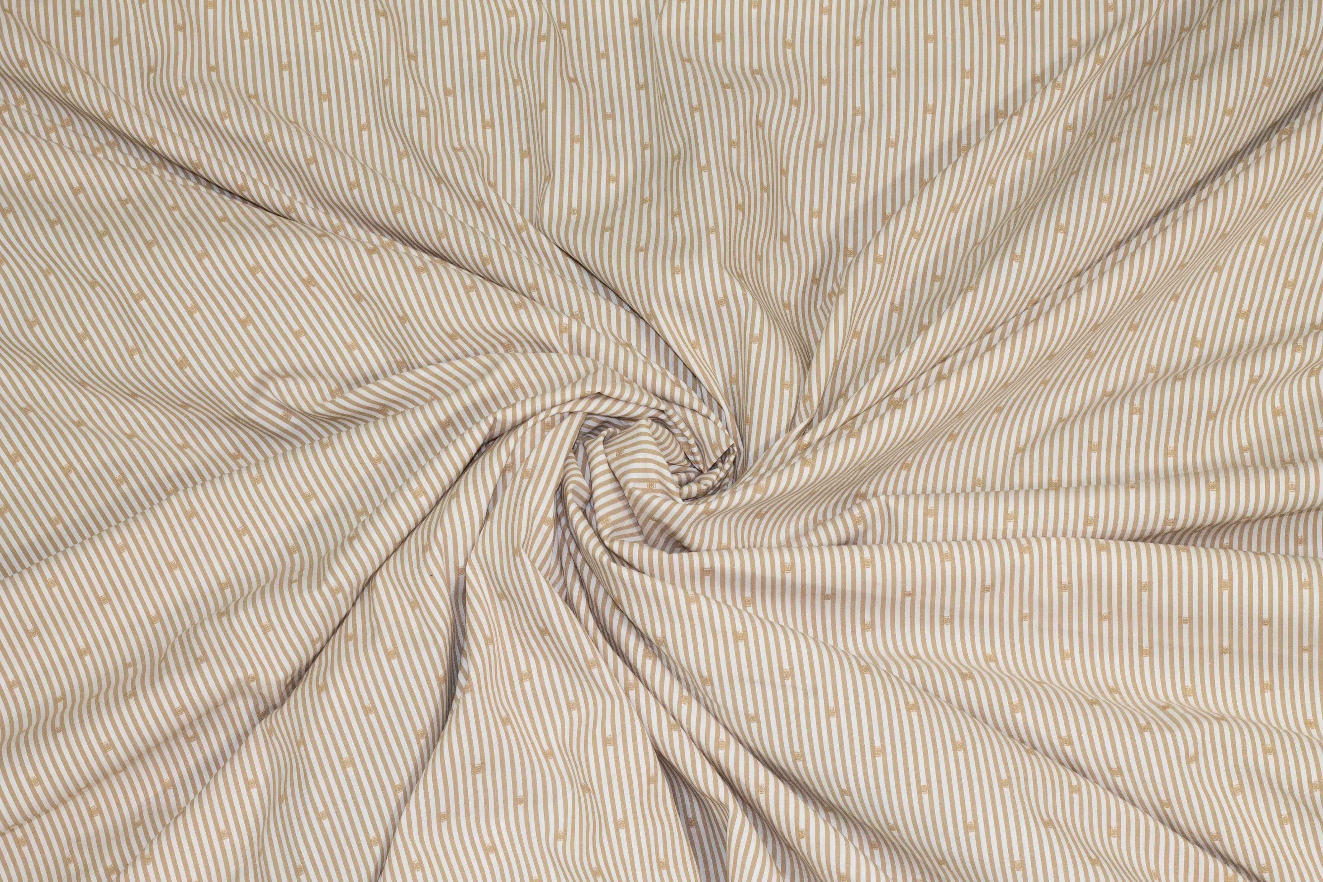 Tan and White Striped and Embroidered Cotton