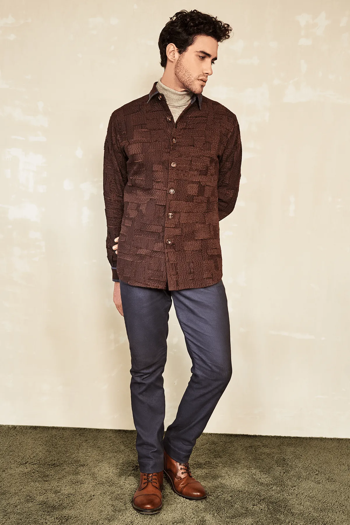 Textured Shackets with Polo Neck & Grey Trousers