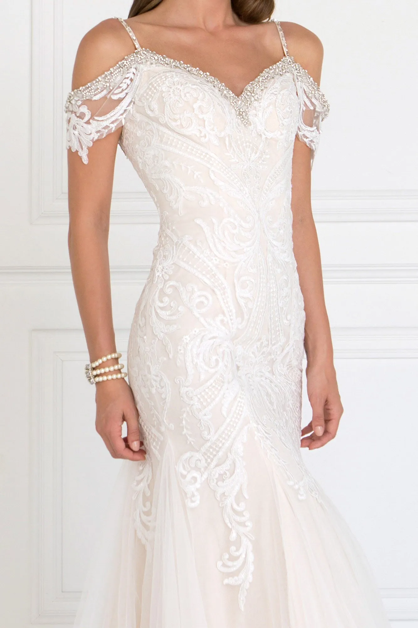 Tulle Off-Shoulder Sweetheart Mermaid Long Dress with Lace Applique GLGL1513