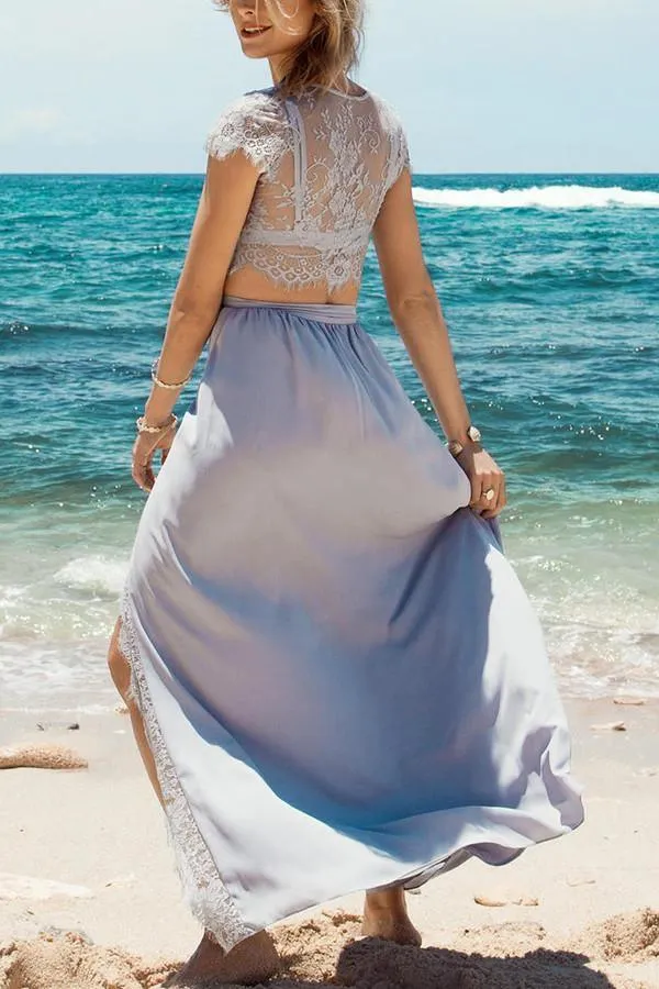 Two Piece Jewel Cap Sleeves Tea-Length High Grey Prom Dress TR0087