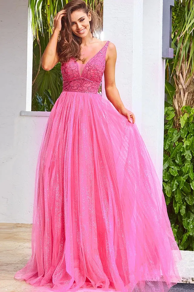 Verona | V Neck Sleeveless Tulle Gown | JVN05818