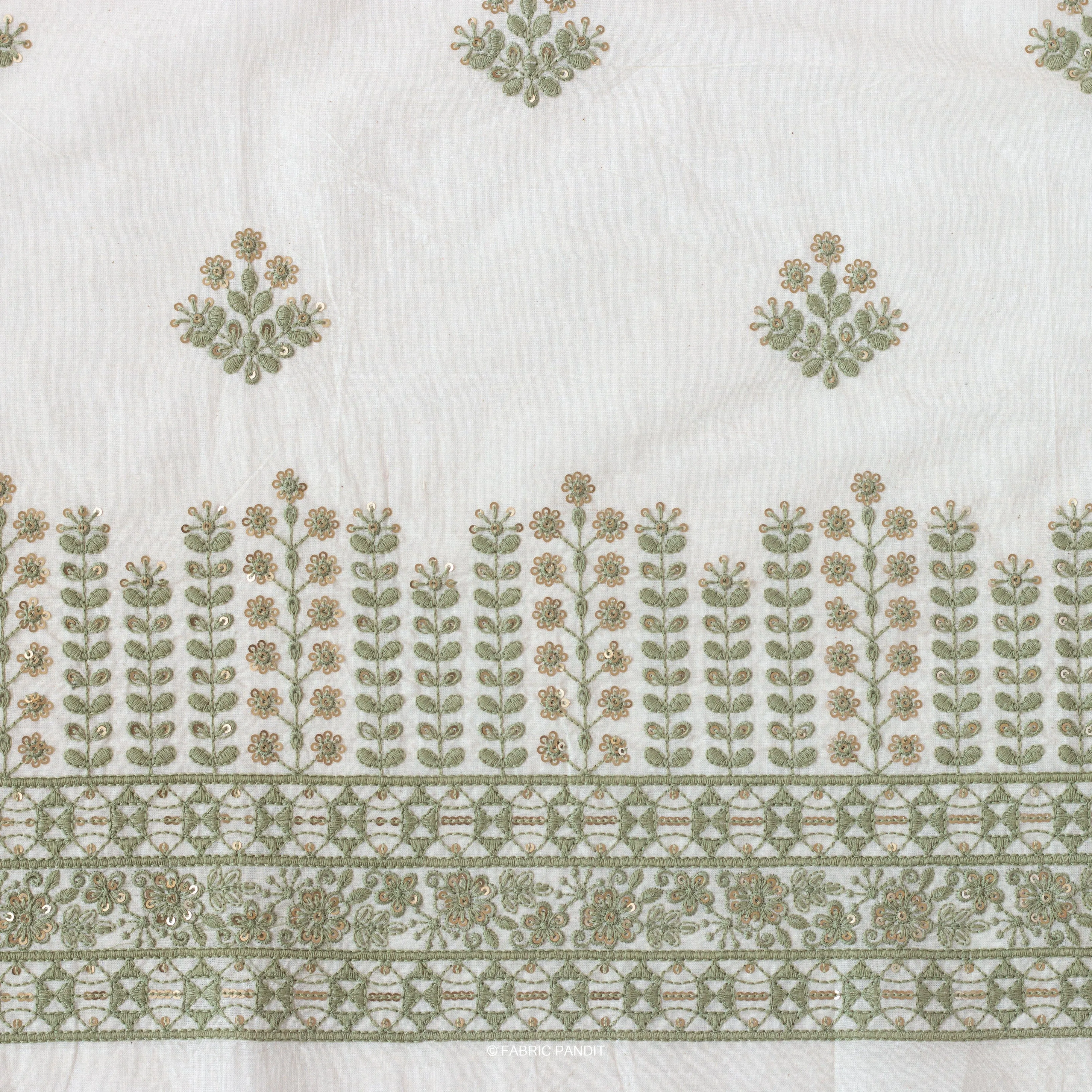 White & Light Green Embroidered Flower Garden Pure Cotton Fabric (Width 46 inches)