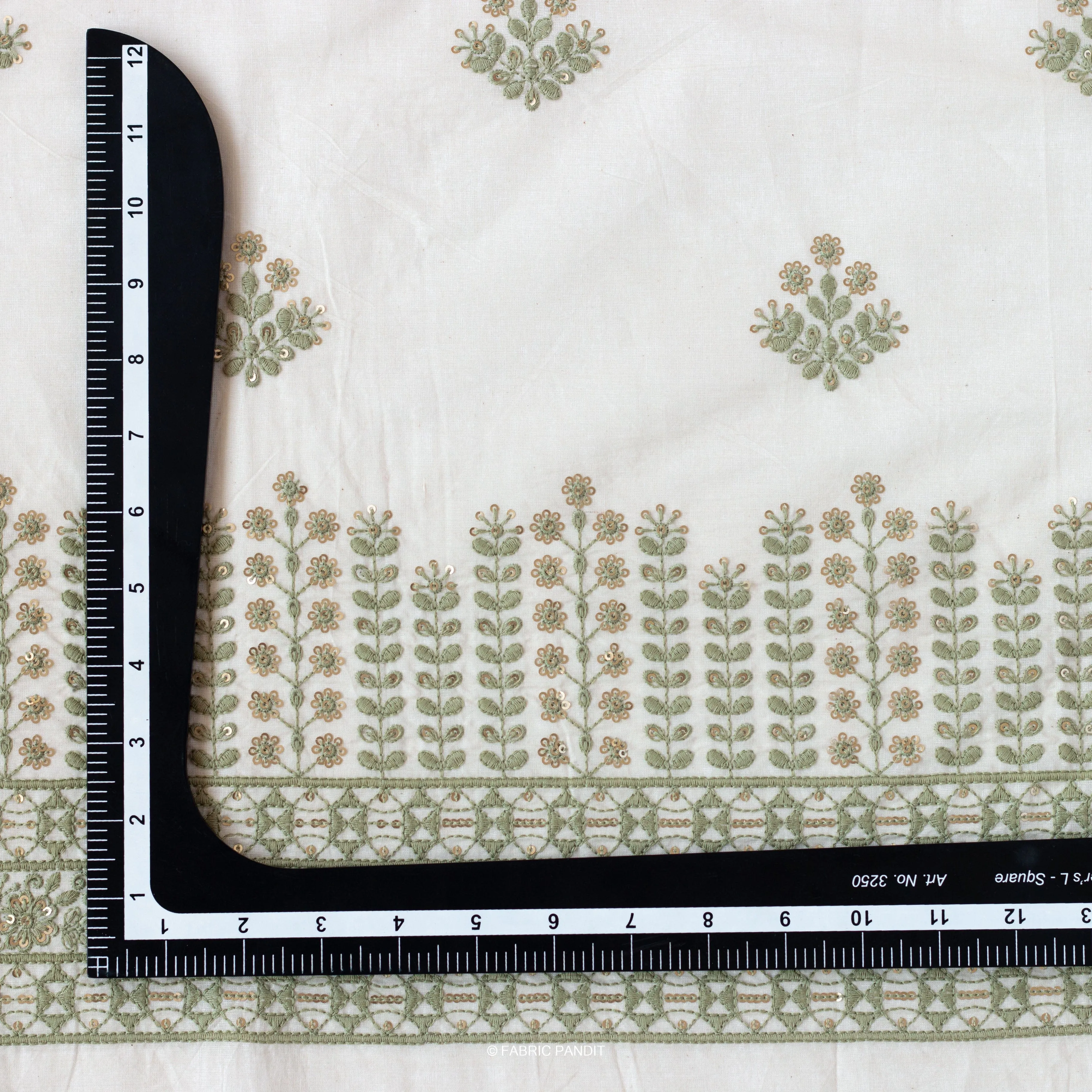 White & Light Green Embroidered Flower Garden Pure Cotton Fabric (Width 46 inches)