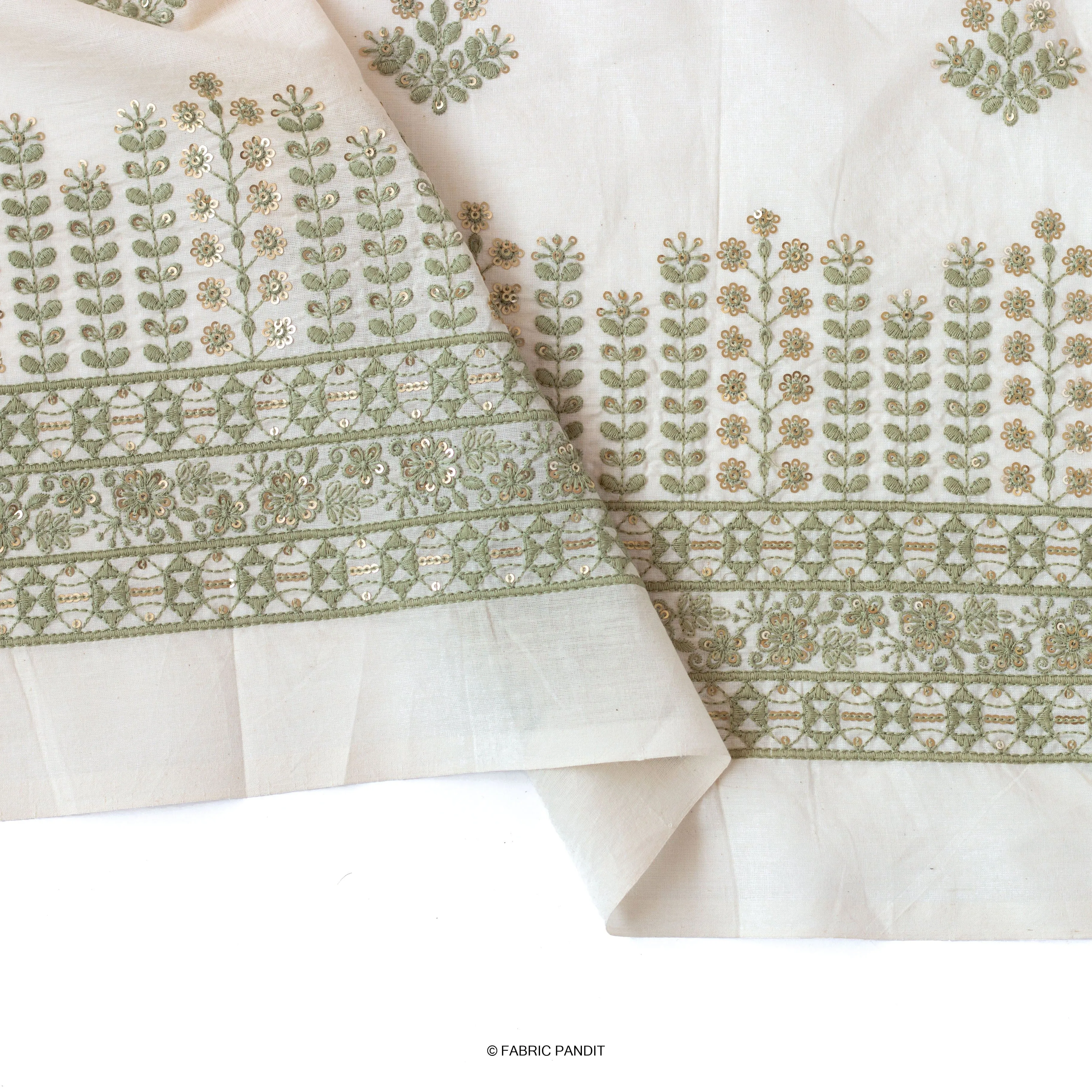 White & Light Green Embroidered Flower Garden Pure Cotton Fabric (Width 46 inches)