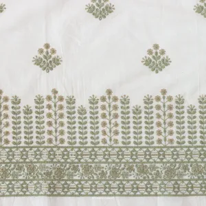 White & Light Green Embroidered Flower Garden Pure Cotton Fabric (Width 46 inches)