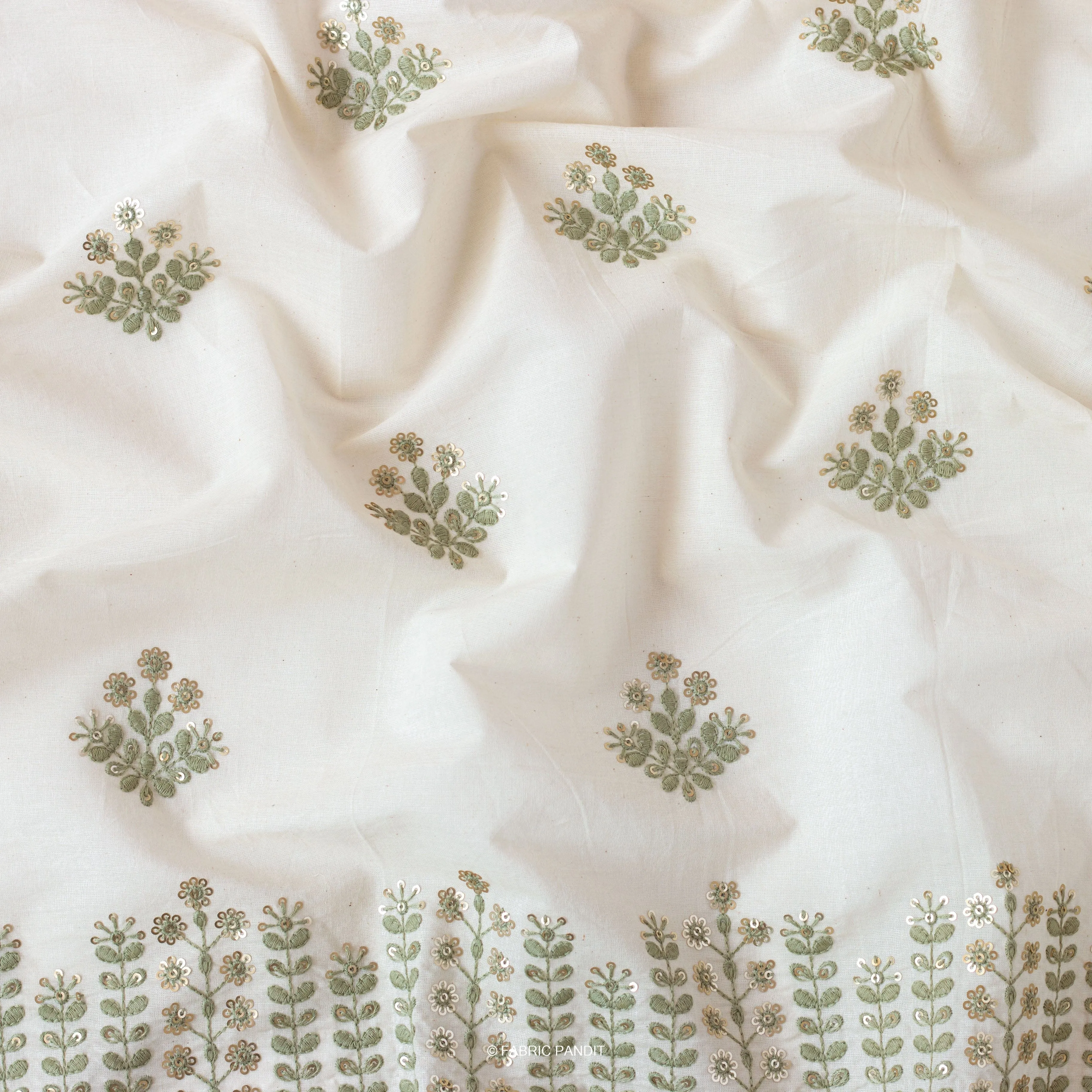 White & Light Green Embroidered Flower Garden Pure Cotton Fabric (Width 46 inches)