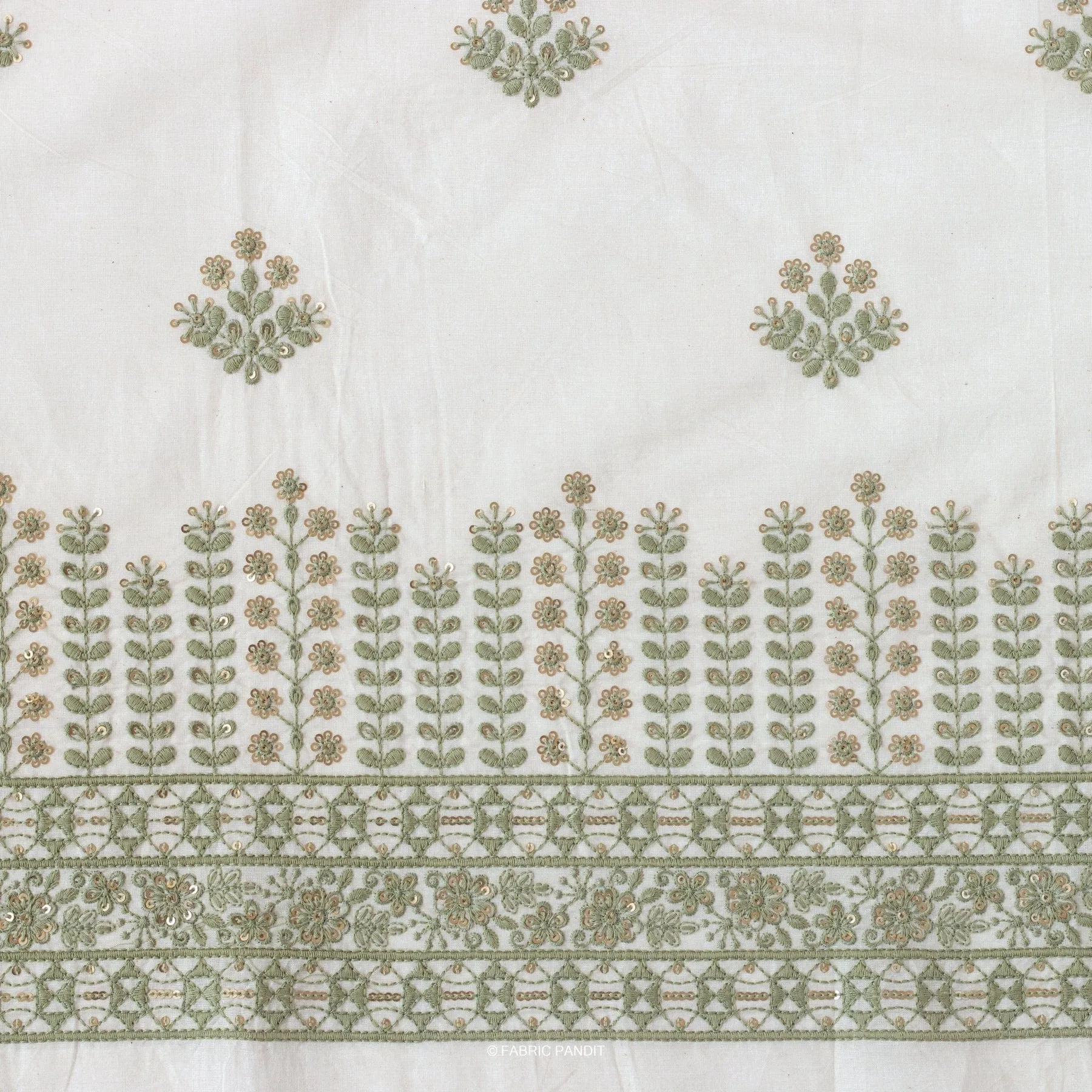 White & Light Green Embroidered Flower Garden Pure Cotton Fabric (Width 46 inches)
