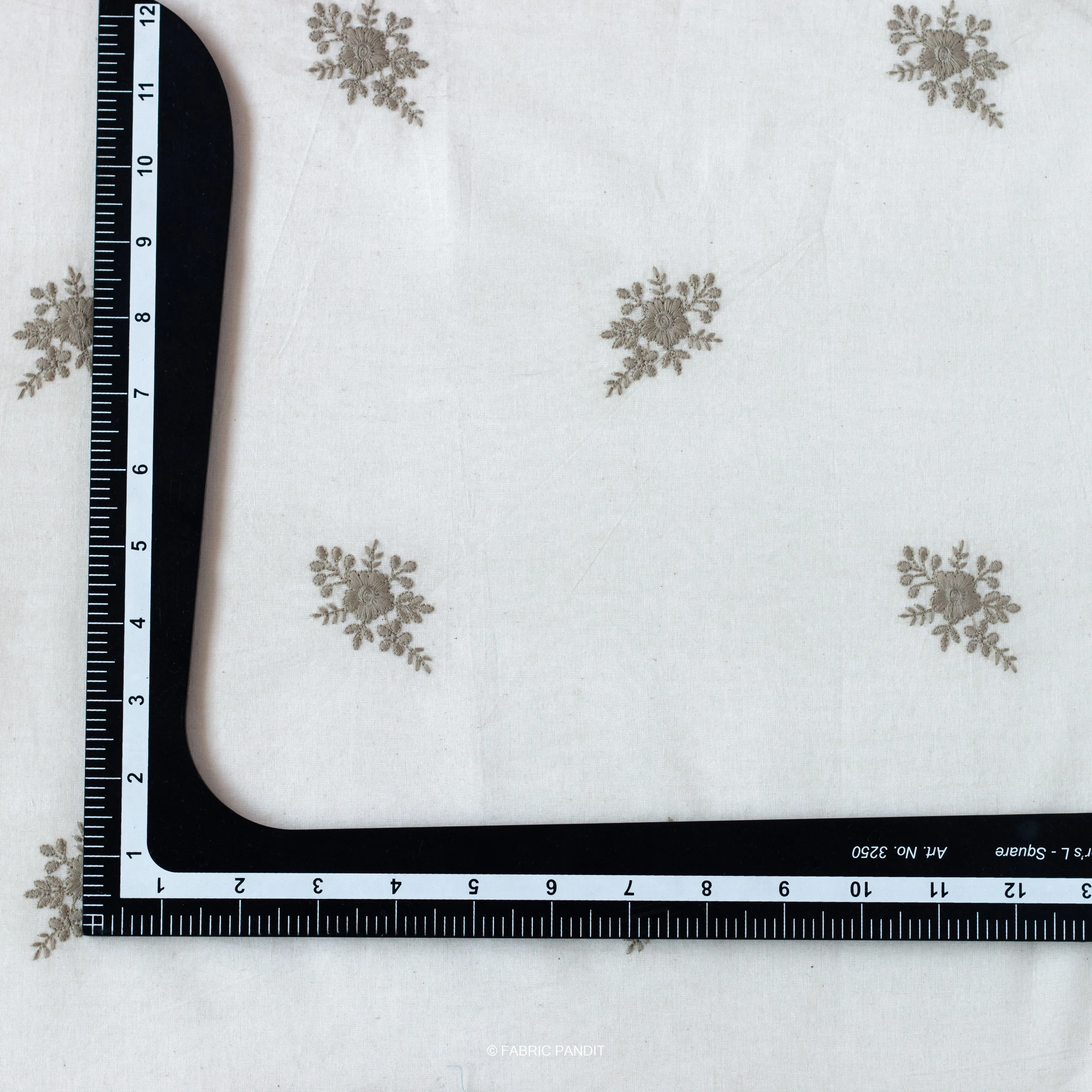 White & Olive Green Embroidered Flower Bunch Pure Cotton Fabric (Width 46 inches)