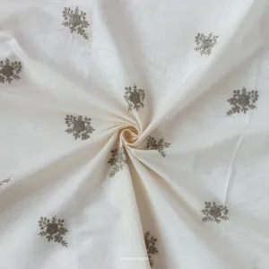 White & Olive Green Embroidered Flower Bunch Pure Cotton Fabric (Width 46 inches)
