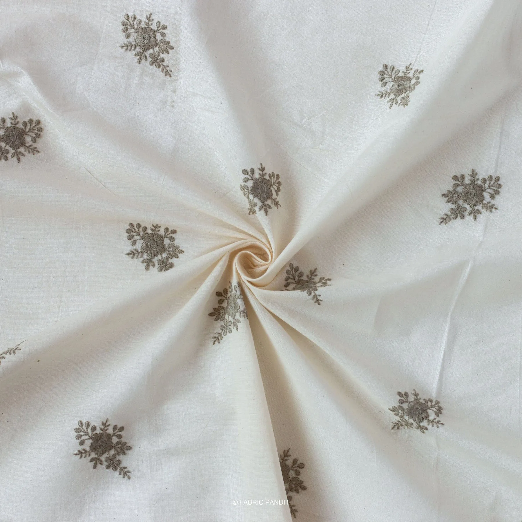 White & Olive Green Embroidered Flower Bunch Pure Cotton Fabric (Width 46 inches)