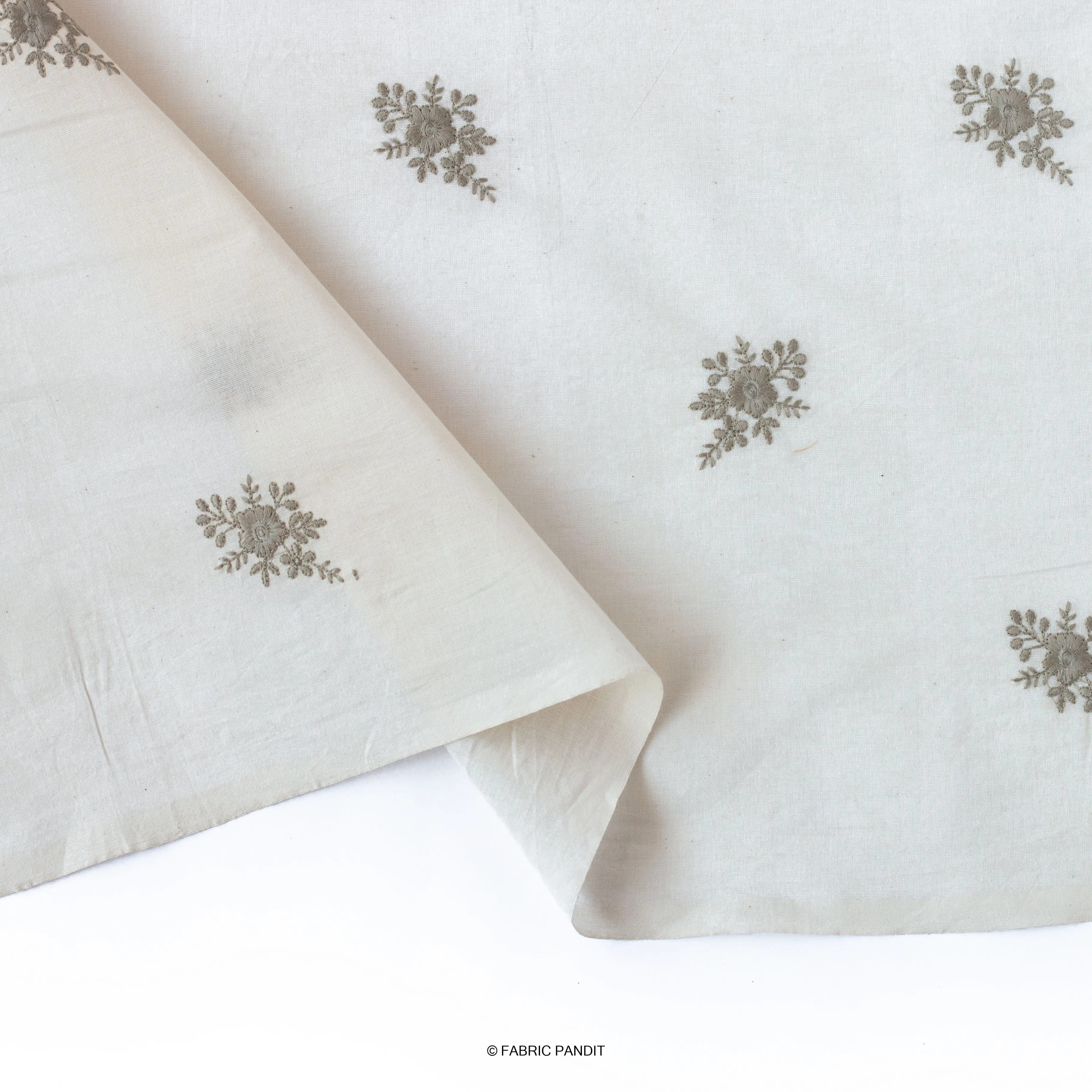 White & Olive Green Embroidered Flower Bunch Pure Cotton Fabric (Width 46 inches)