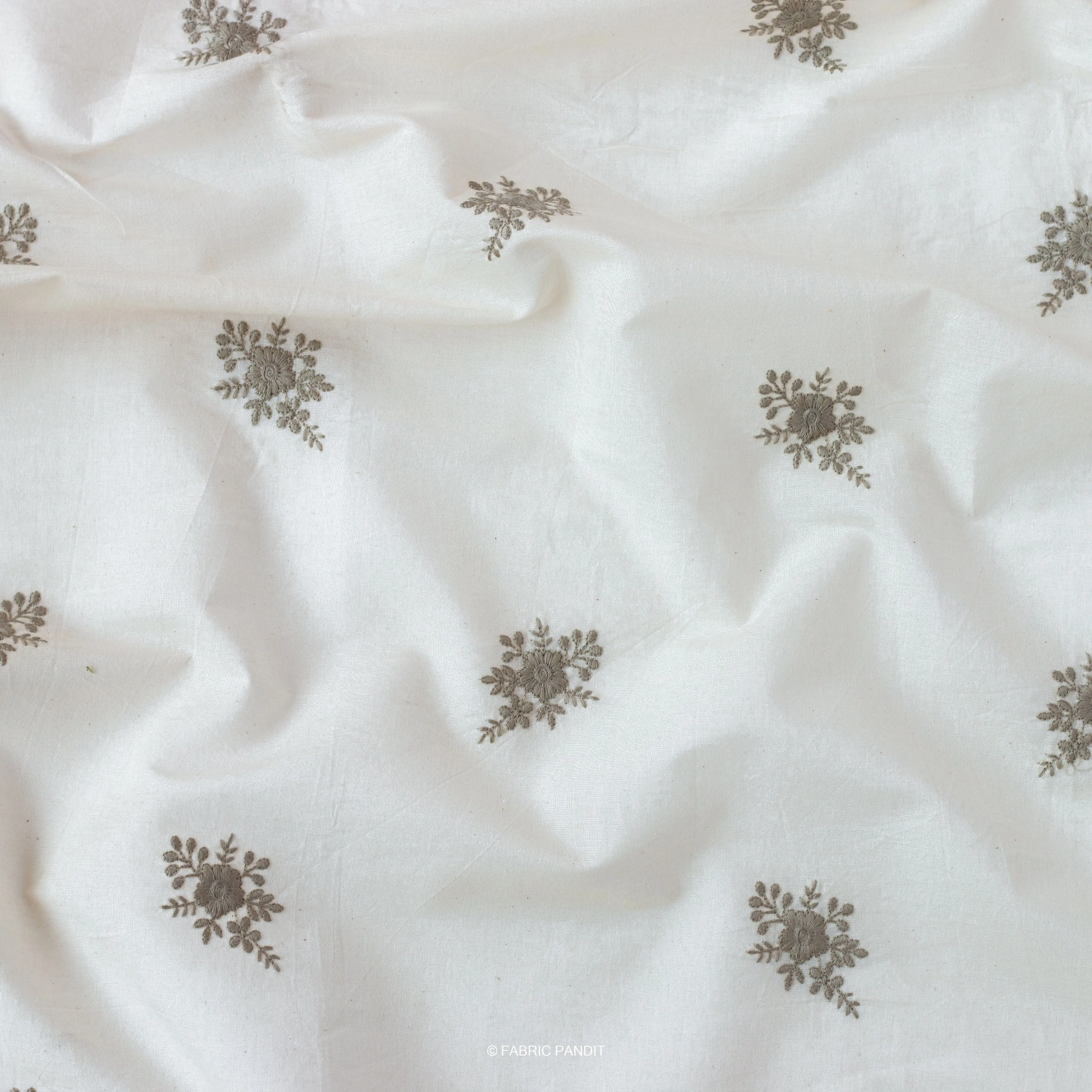 White & Olive Green Embroidered Flower Bunch Pure Cotton Fabric (Width 46 inches)