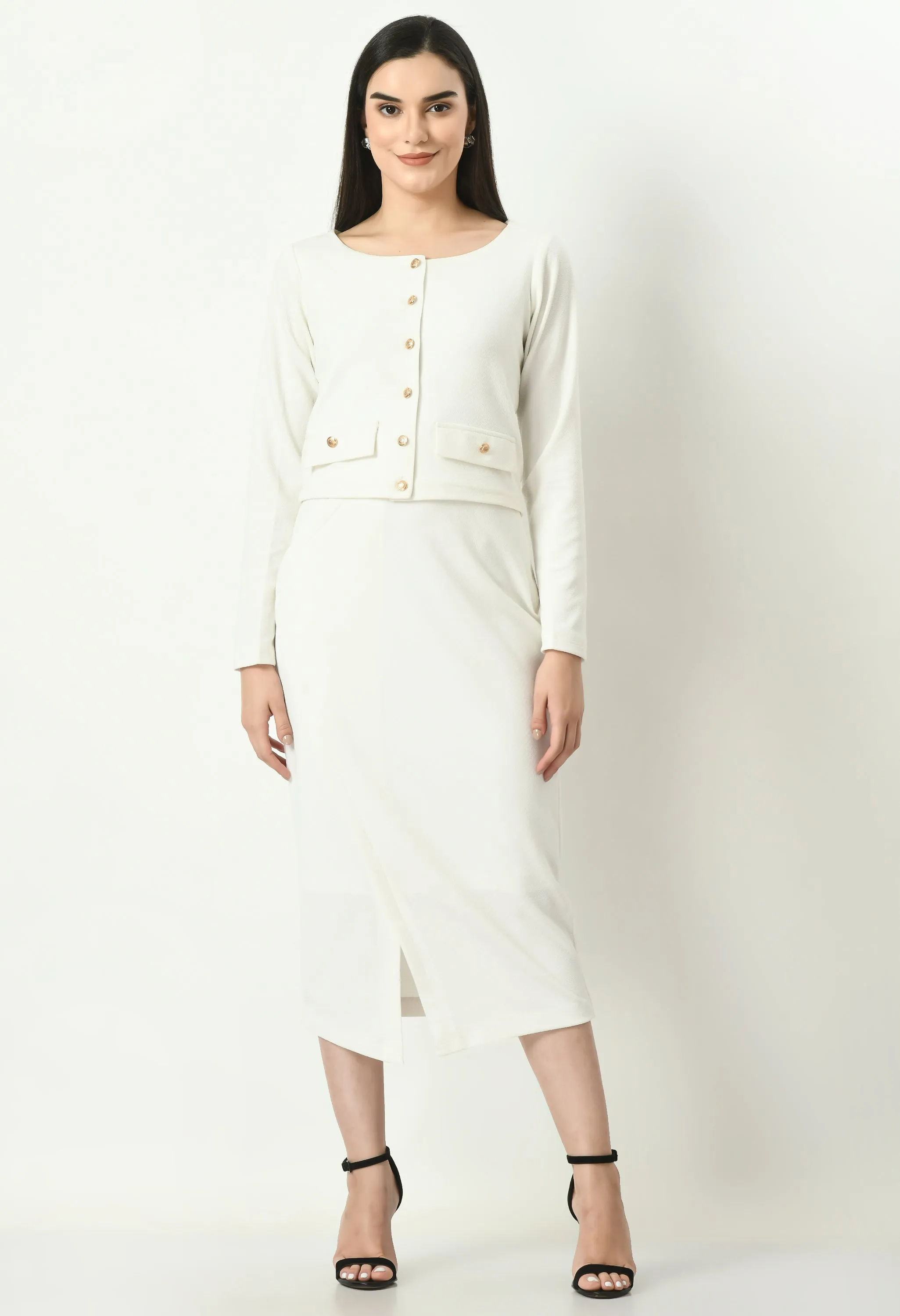 White Invincible Crop Blazer Top With Front Slit Midi Skirt