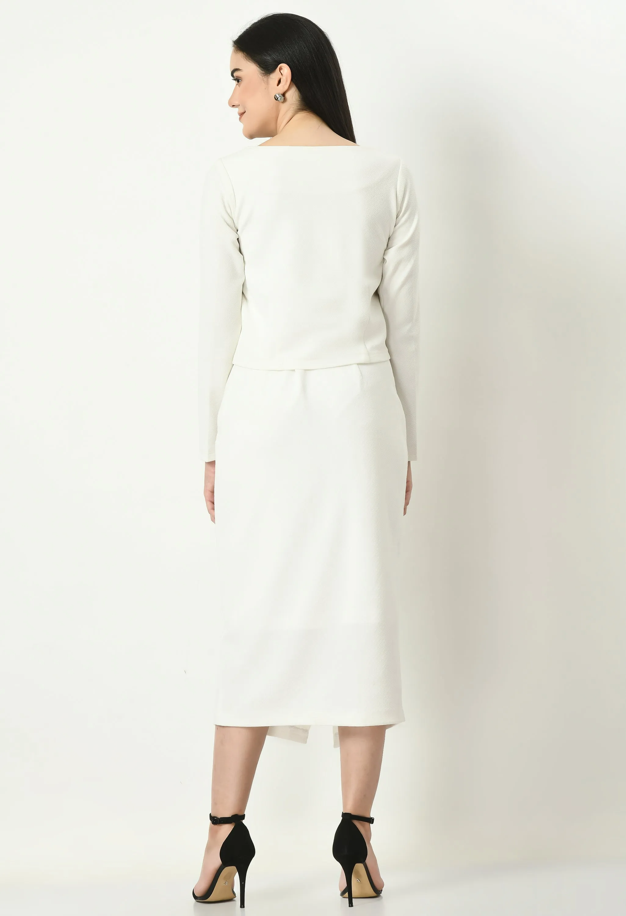 White Invincible Crop Blazer Top With Front Slit Midi Skirt