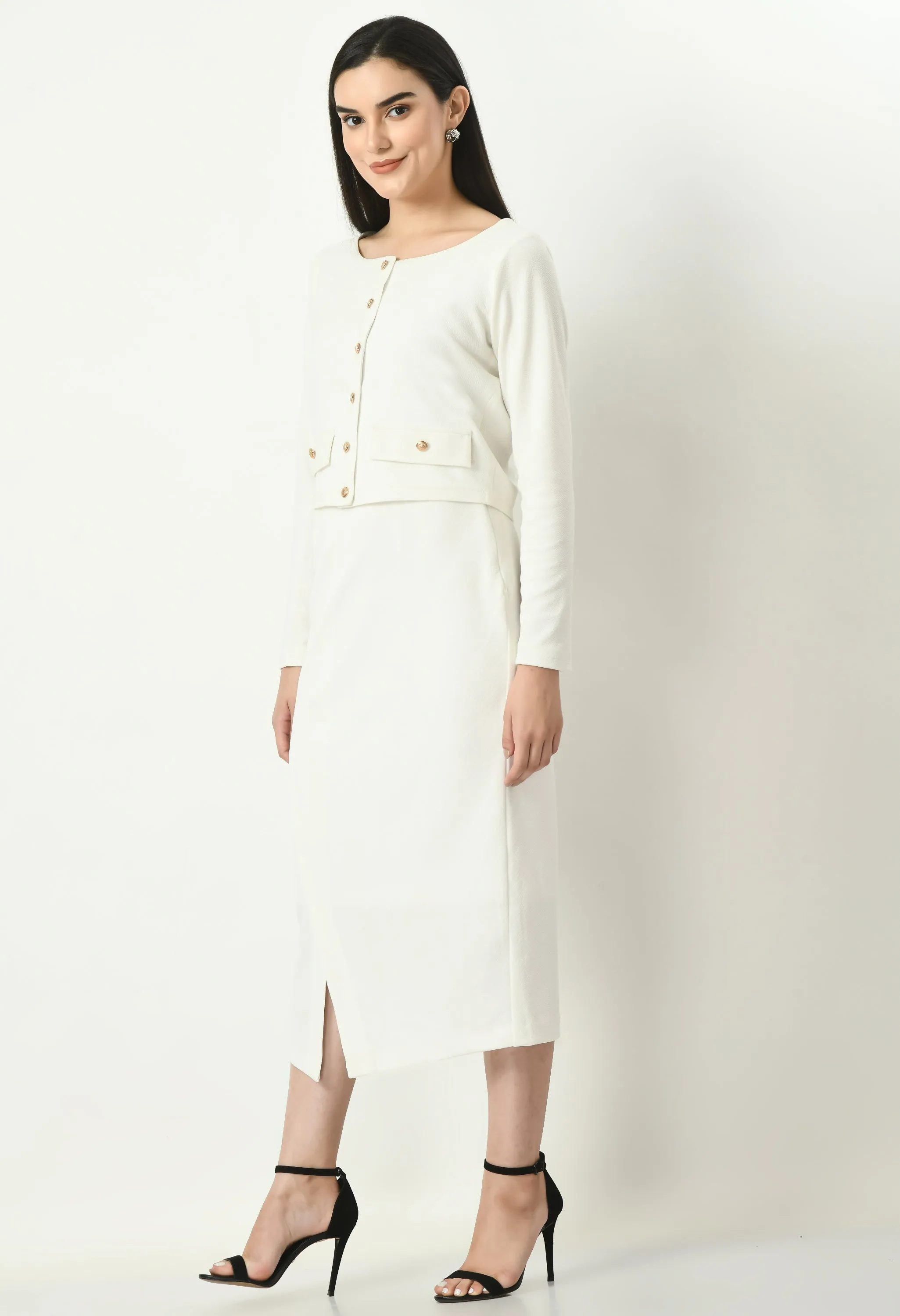 White Invincible Crop Blazer Top With Front Slit Midi Skirt