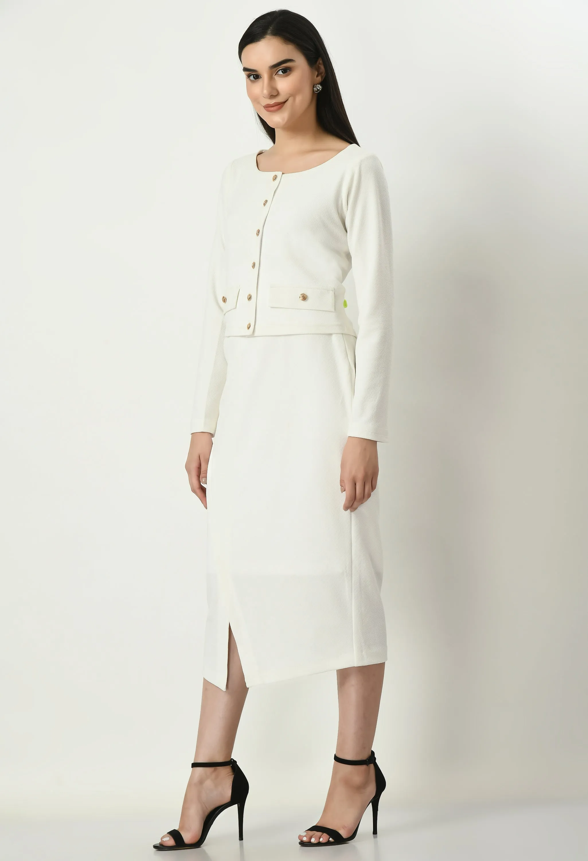 White Invincible Crop Blazer Top With Front Slit Midi Skirt