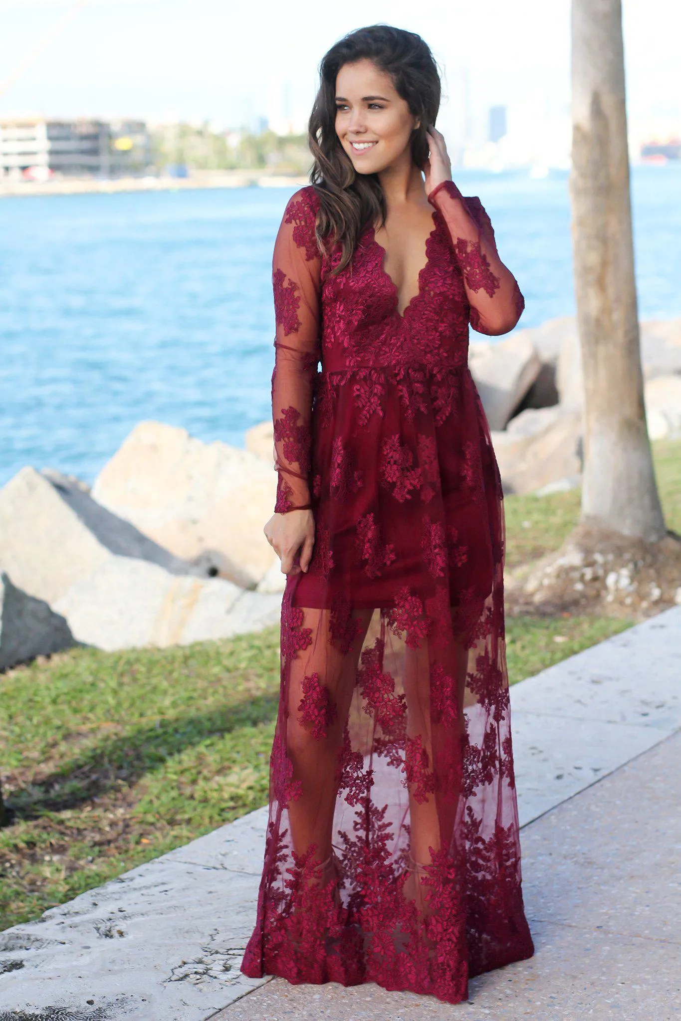 Wine Embroidered Maxi Dress with Long Sleeves