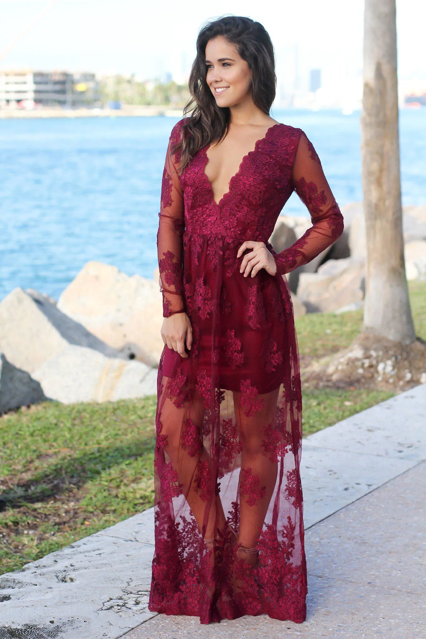 Wine Embroidered Maxi Dress with Long Sleeves