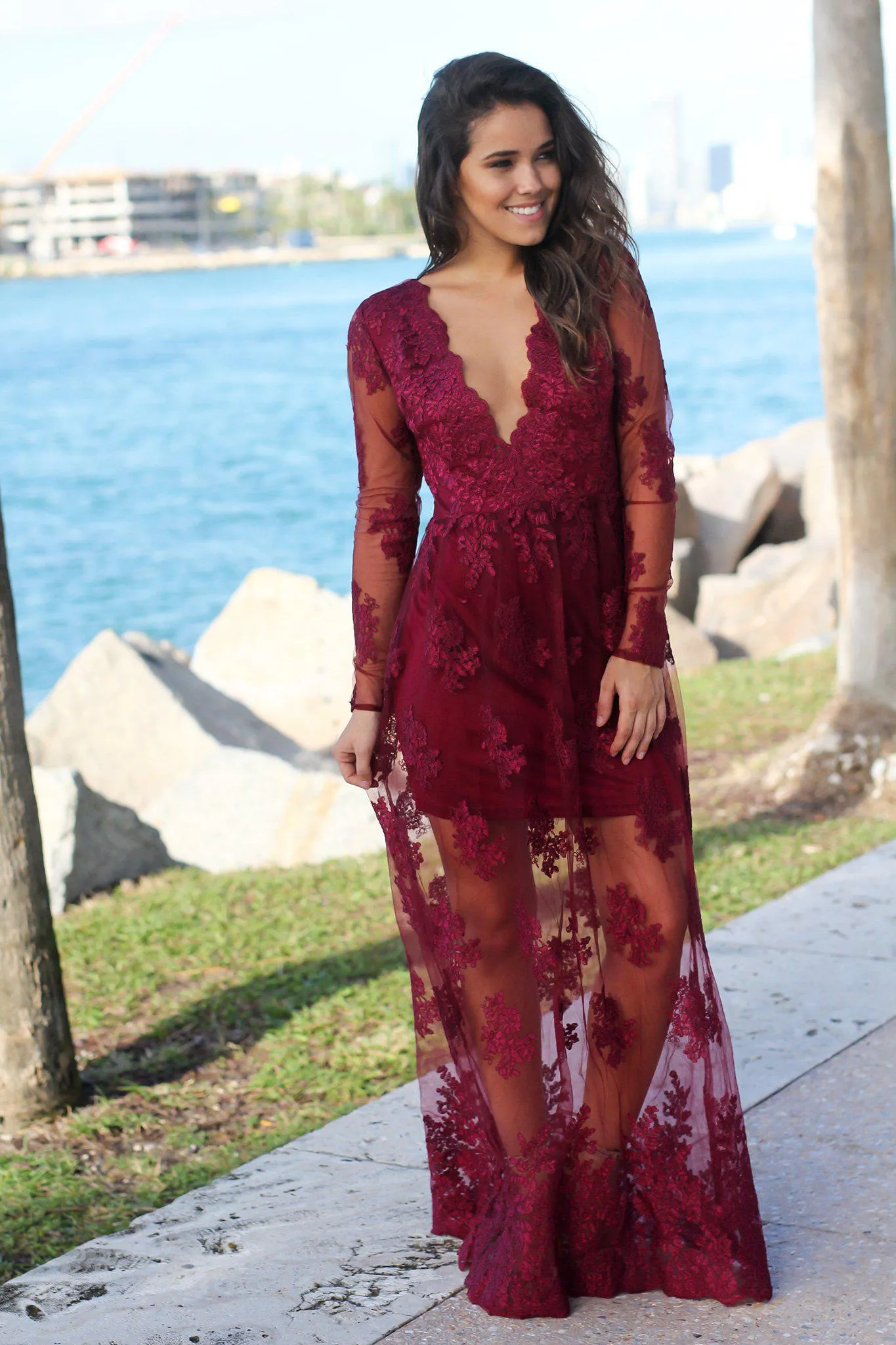 Wine Embroidered Maxi Dress with Long Sleeves