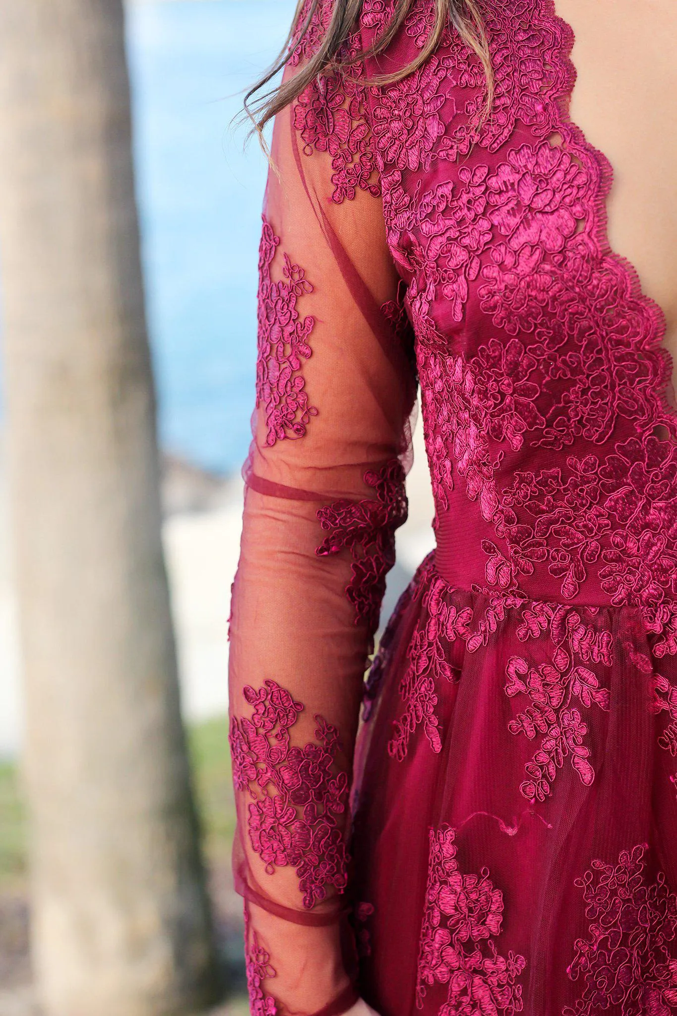 Wine Embroidered Maxi Dress with Long Sleeves