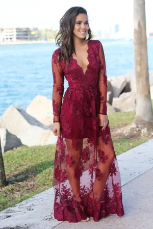 Wine Embroidered Maxi Dress with Long Sleeves