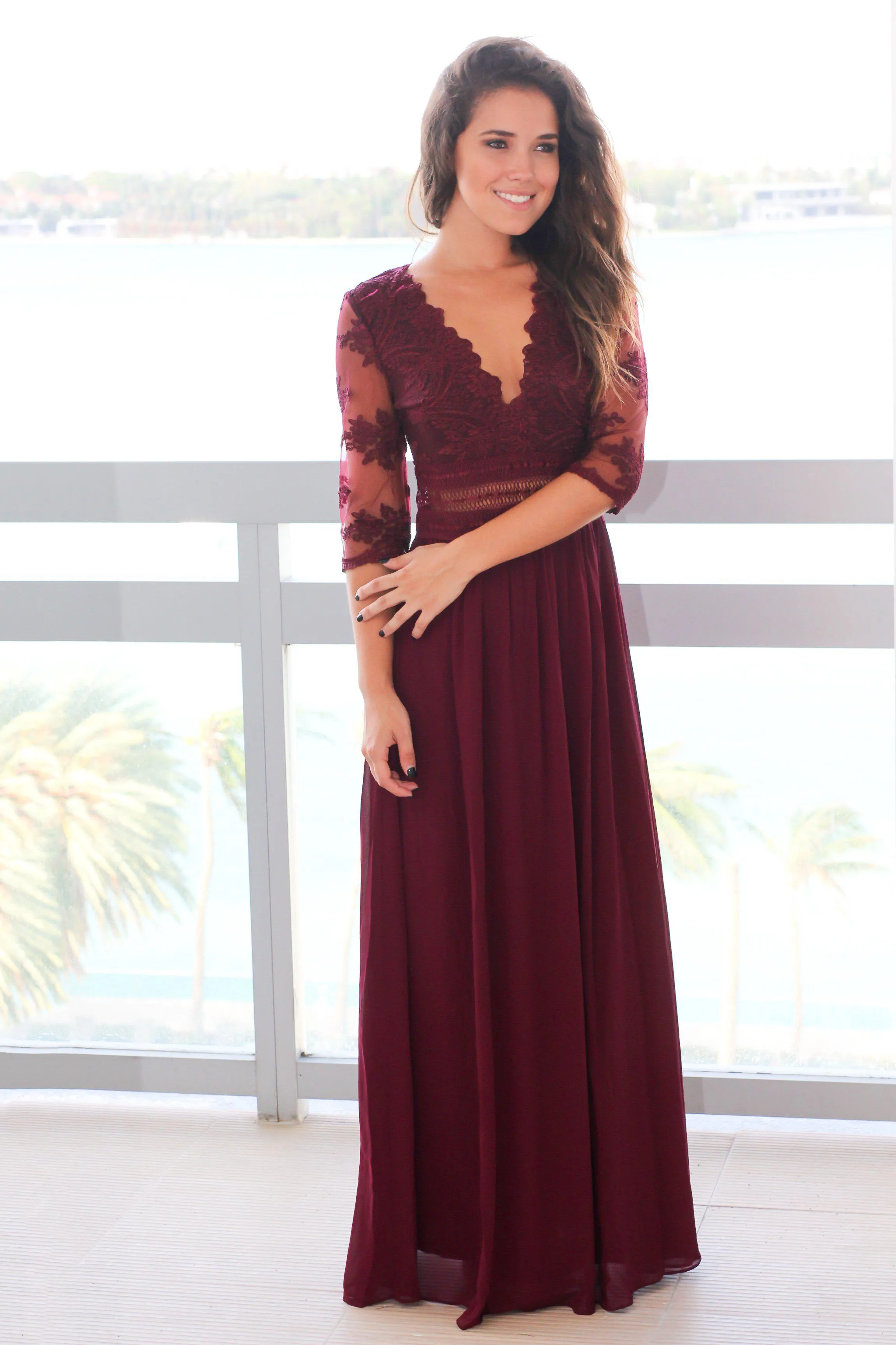 Wine V-Neck Maxi Dress with Mesh Embroidered Sleeves