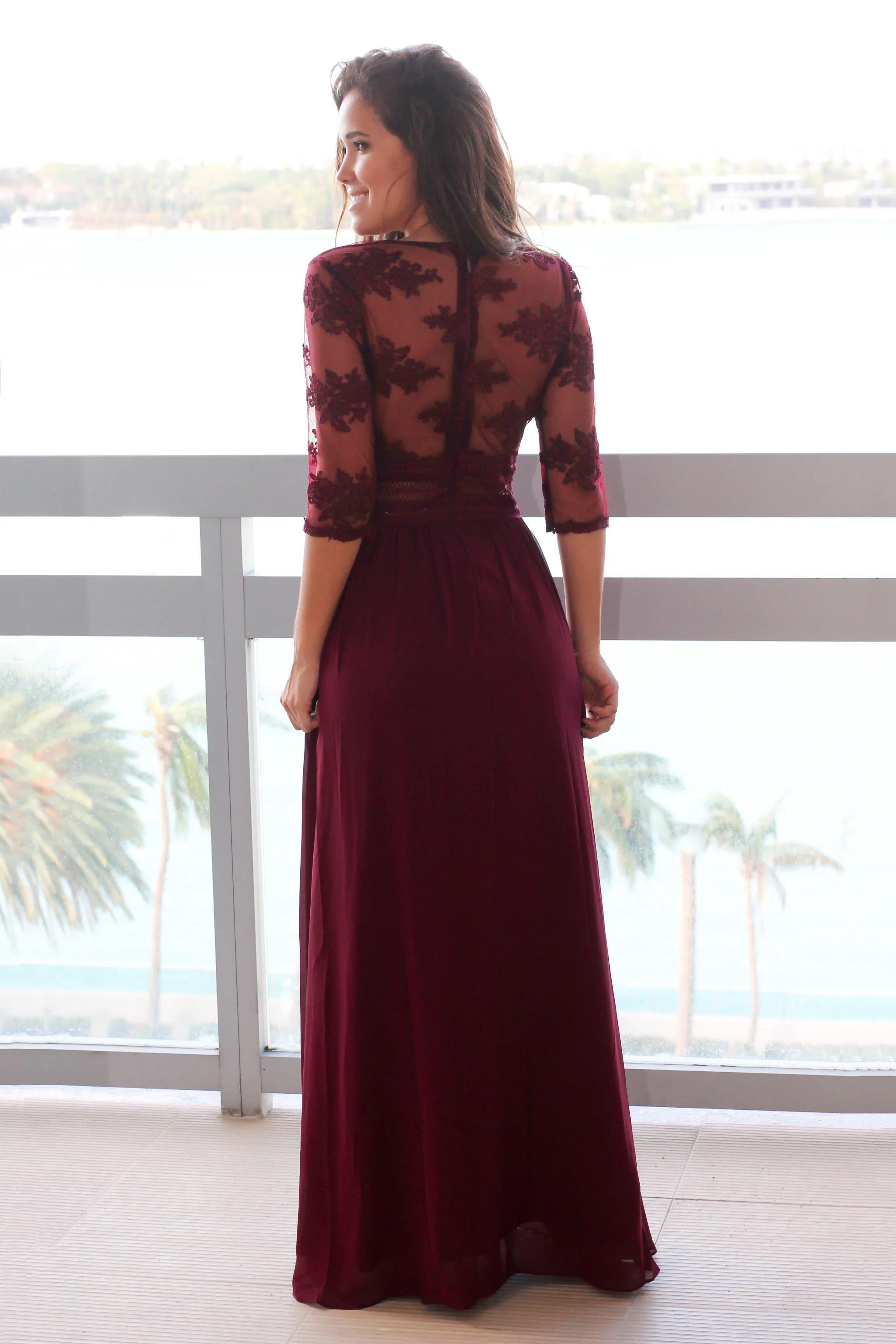 Wine V-Neck Maxi Dress with Mesh Embroidered Sleeves