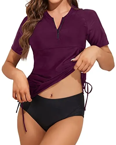 Women's 2 Piece Short Sleeve Rash Guard Swimsuit With Bottom-Maroon