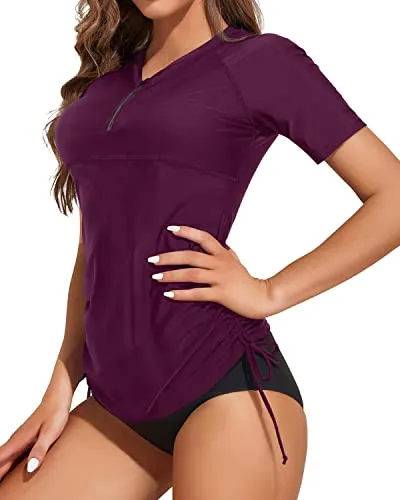 Women's 2 Piece Short Sleeve Rash Guard Swimsuit With Bottom-Maroon