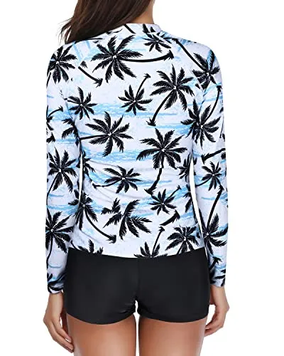 Womens Rashguard Long Sleeve 2 Piece Zipper Swimsuit Upf 50 -Black Palm Tree