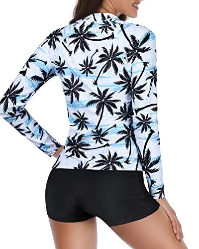 Womens Rashguard Long Sleeve 2 Piece Zipper Swimsuit Upf 50 -Black Palm Tree