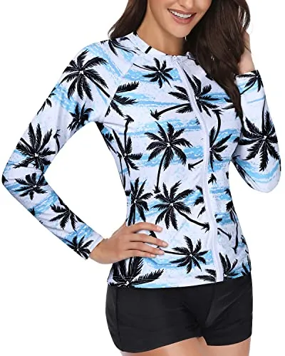 Womens Rashguard Long Sleeve 2 Piece Zipper Swimsuit Upf 50 -Black Palm Tree