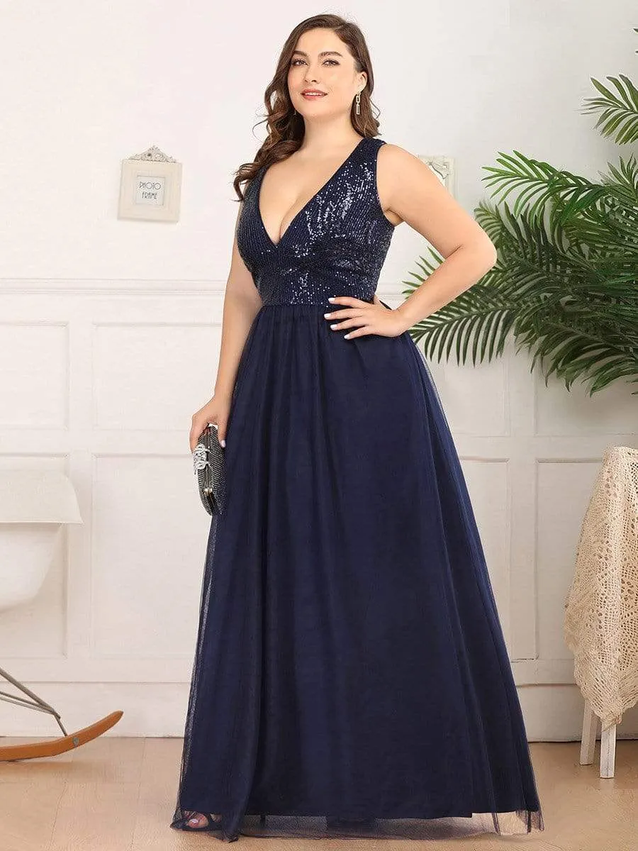 Women's V-Neck Sequins Print Tulle Evening Party Dresses