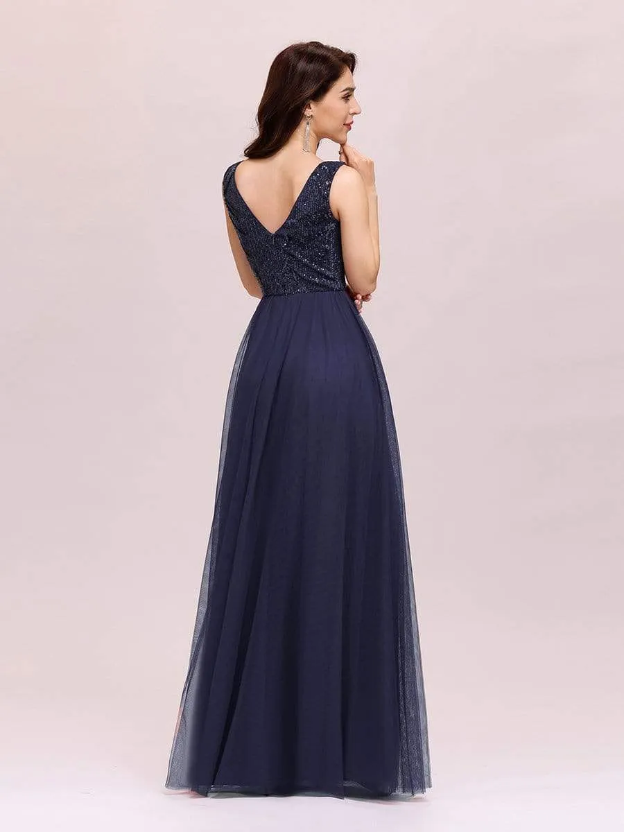 Women's V-Neck Sequins Print Tulle Evening Party Dresses