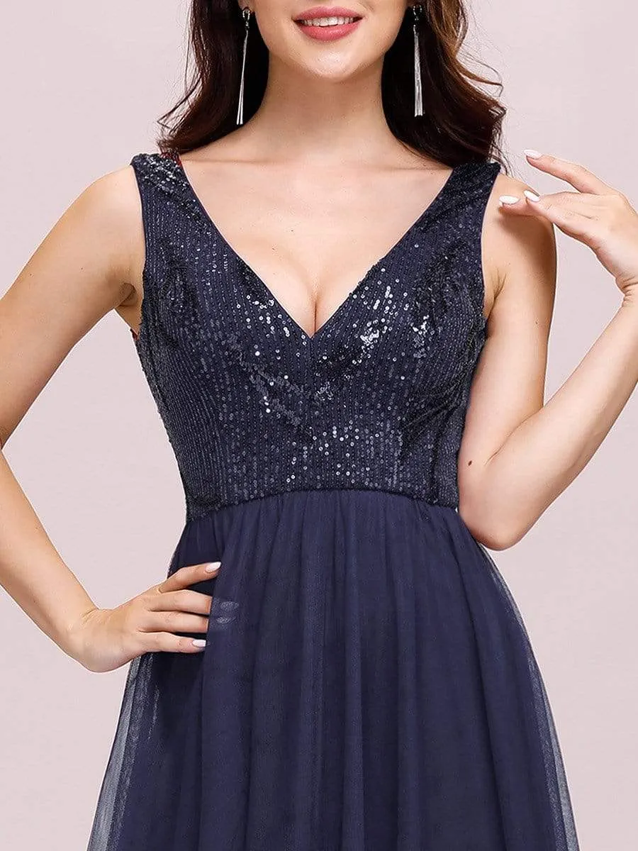 Women's V-Neck Sequins Print Tulle Evening Party Dresses