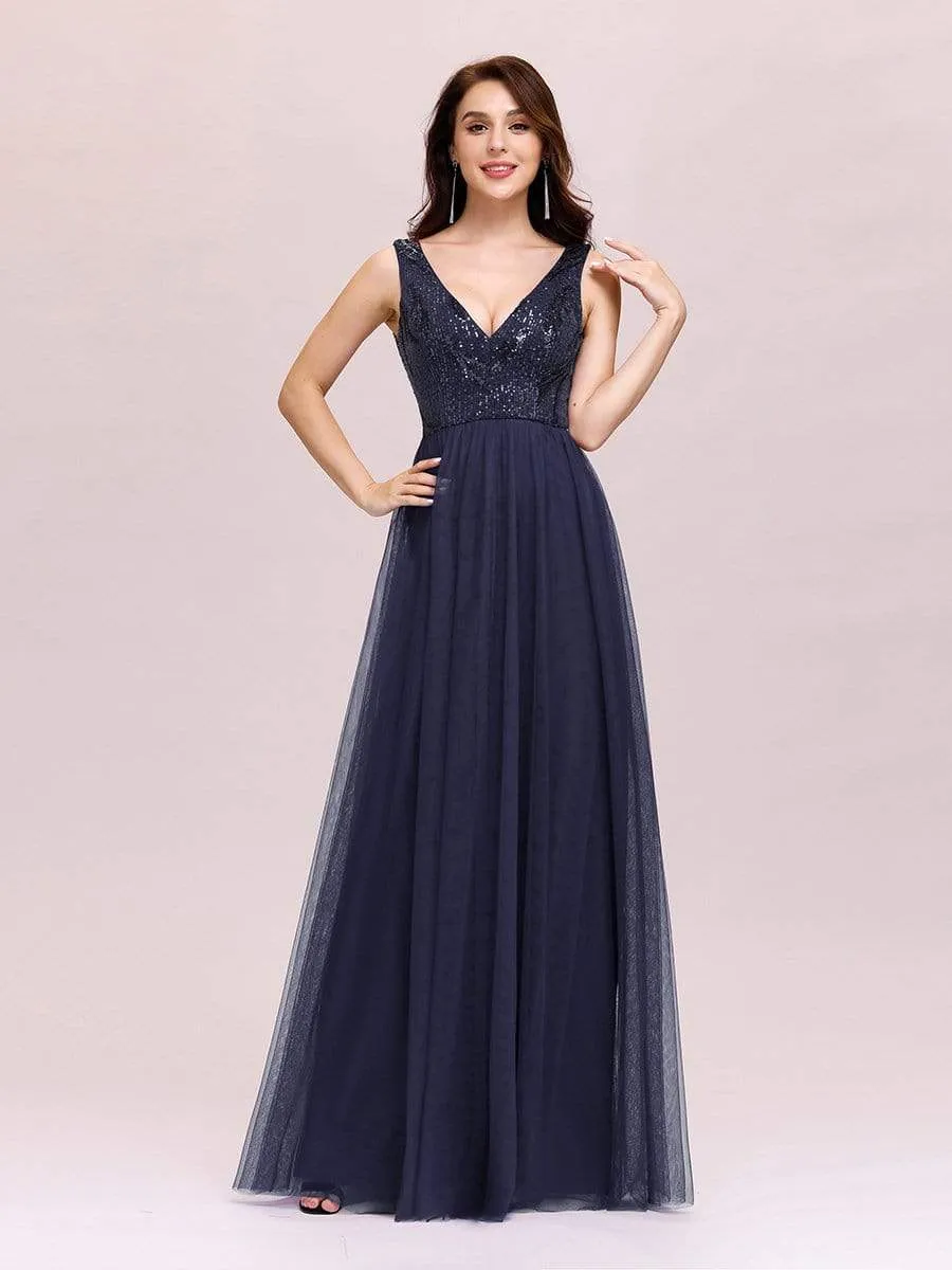 Women's V-Neck Sequins Print Tulle Evening Party Dresses