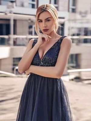 Women's V-Neck Sequins Print Tulle Evening Party Dresses