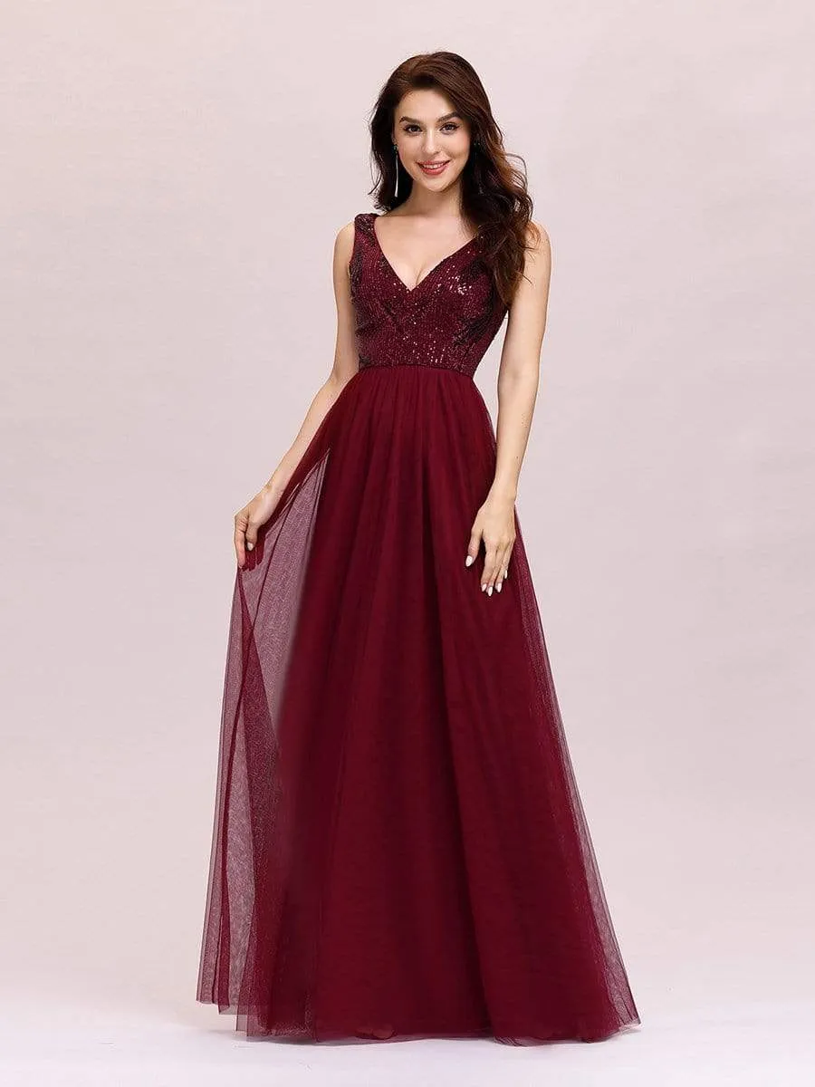 Women's V-Neck Sequins Print Tulle Evening Party Dresses