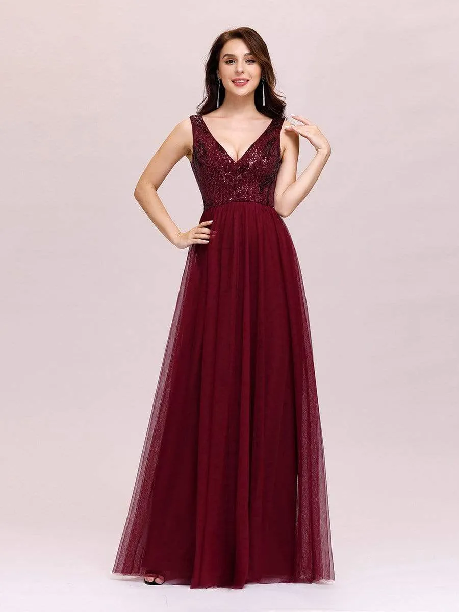 Women's V-Neck Sequins Print Tulle Evening Party Dresses
