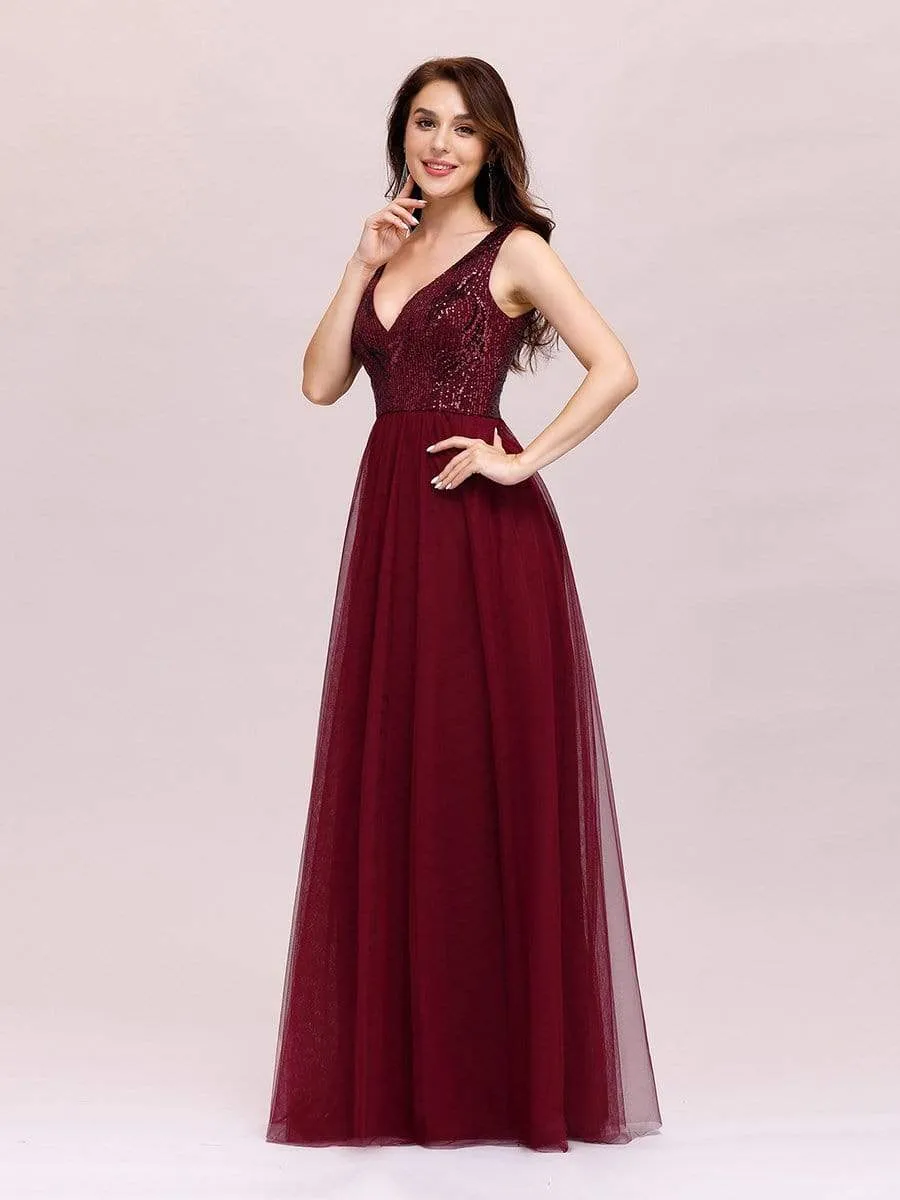 Women's V-Neck Sequins Print Tulle Evening Party Dresses